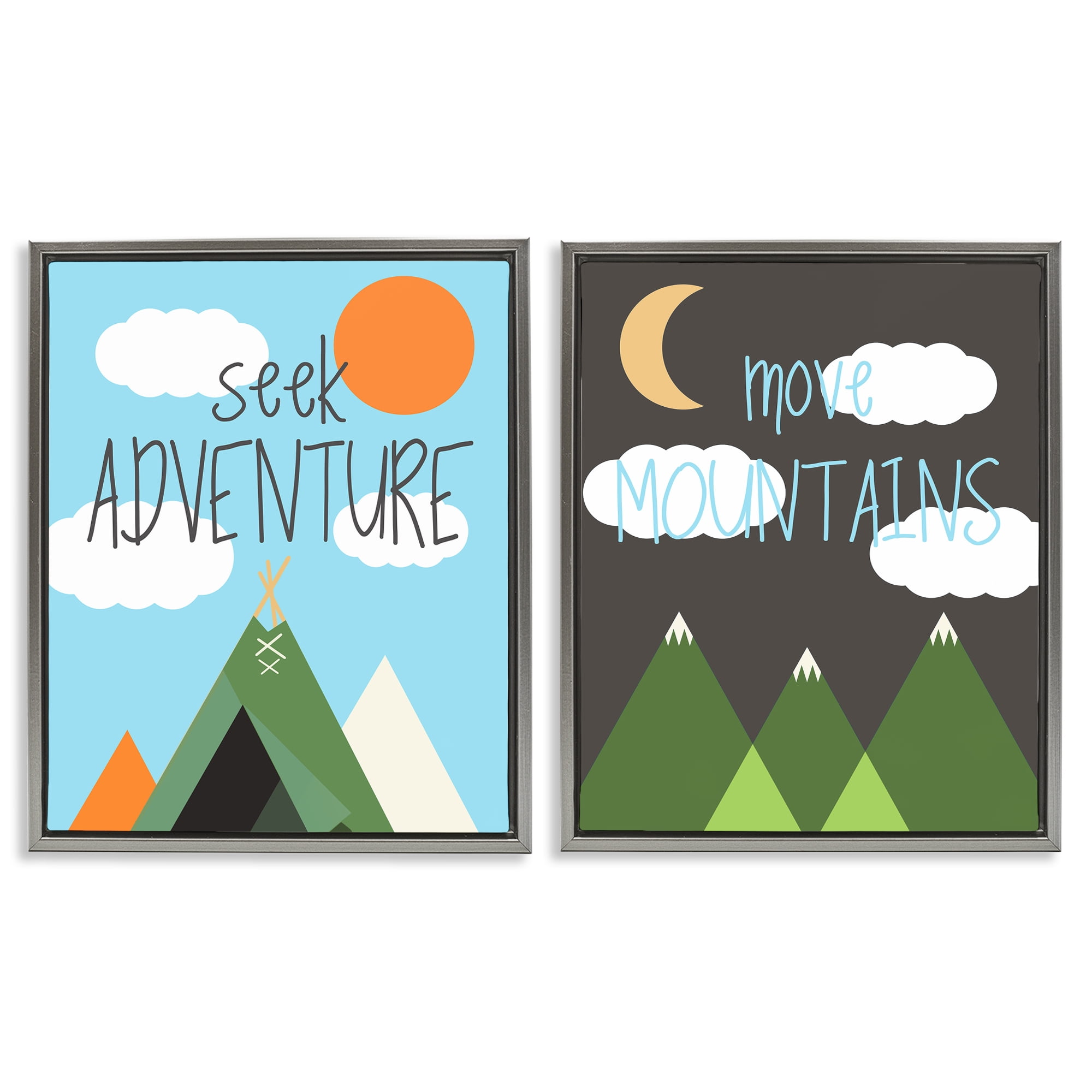 Stupell Industries Seek Adventure Move Mountains Text & Numbers Painting Gray Floater Framed Canvas Art Print Wall Art, 31 x 25, Set of 2