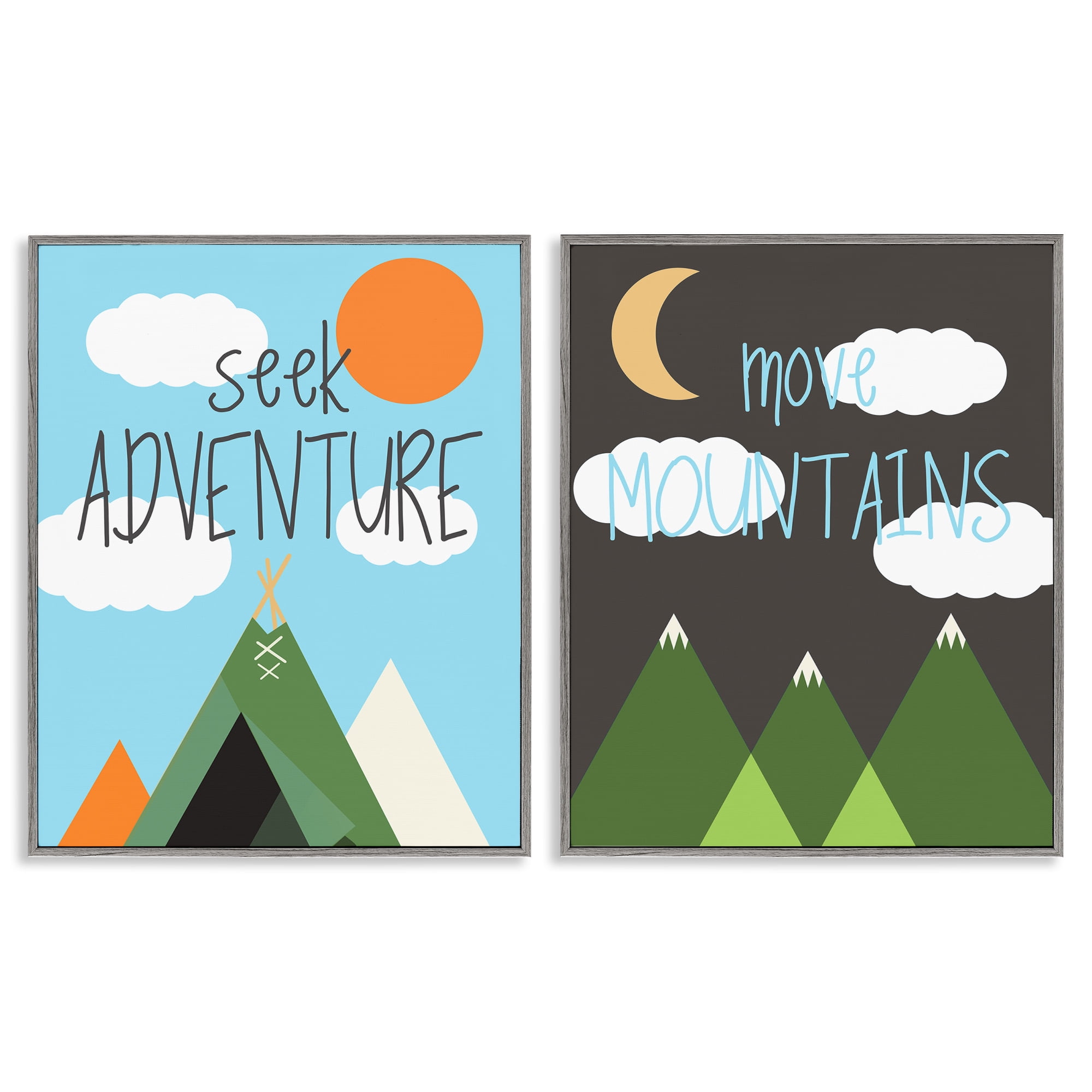 Stupell Industries Seek Adventure Move Mountains Text & Numbers Painting Gray Framed Art Print Wall Art, 16 x 20, Set of 2