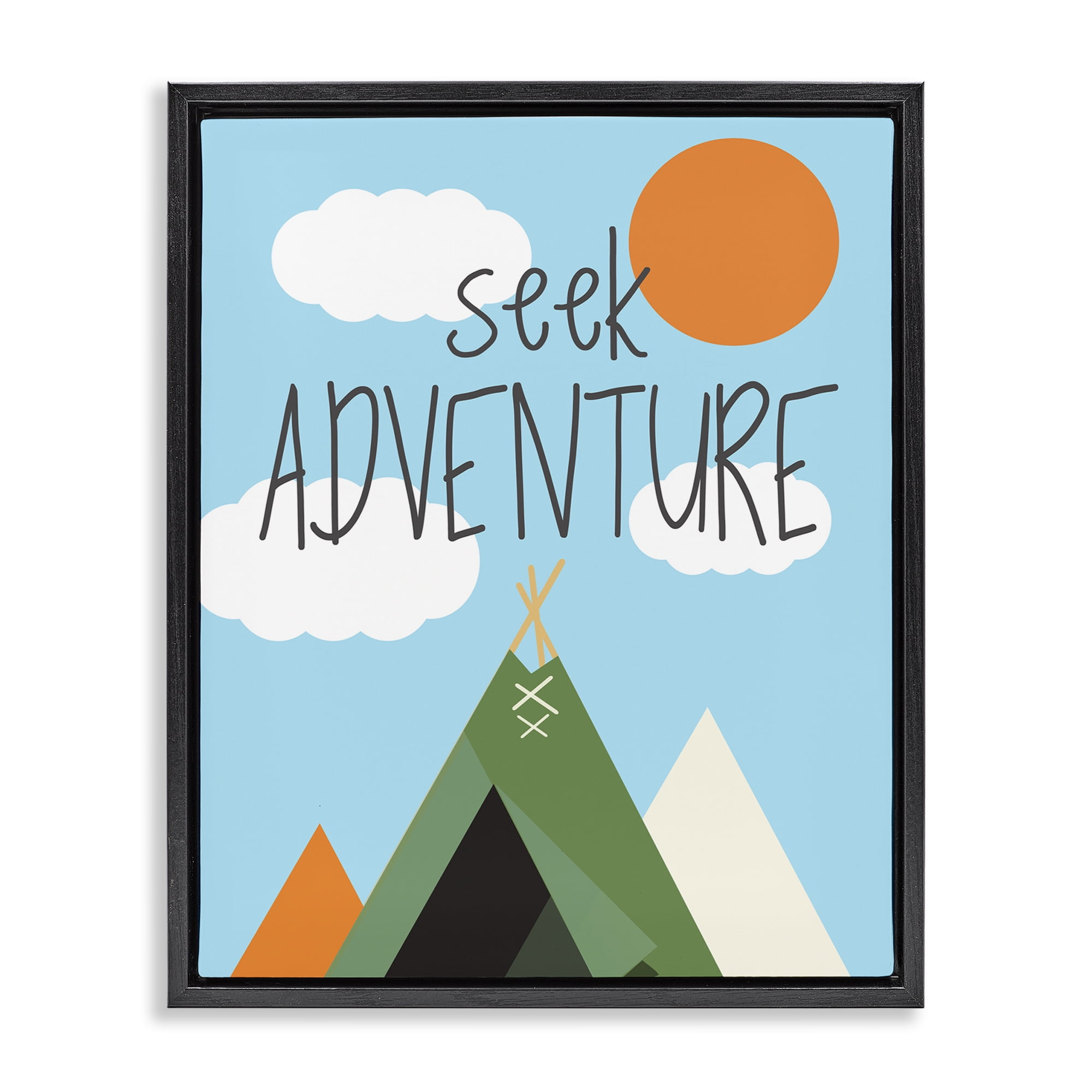 Stupell Industries Seek Adventure with Tent Text & Numbers Painting Black Floater Framed Canvas Art Print Wall Art, 25 x 31