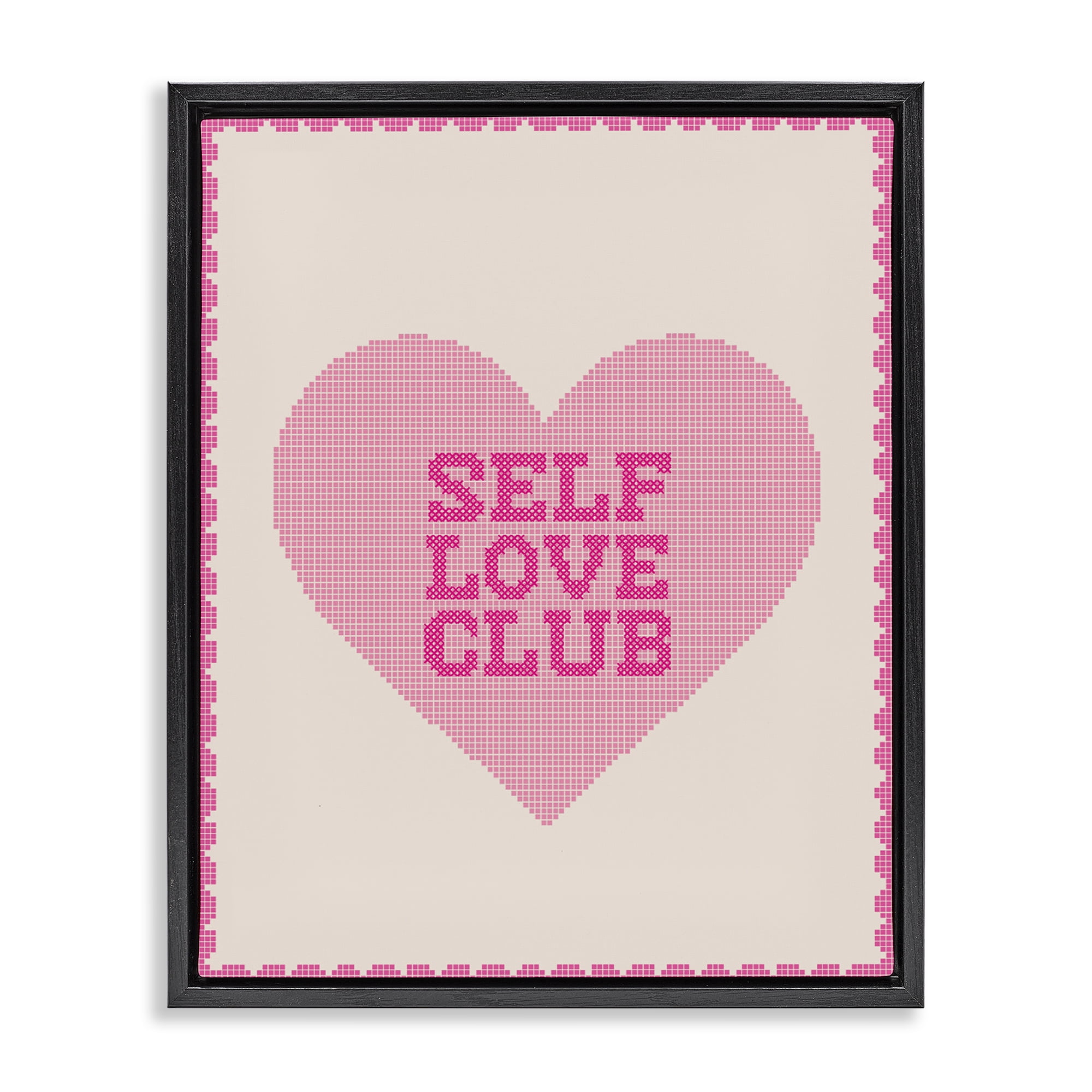 Stupell Industries Self Love Club Pixel Heart Black Framed Floater Canvas Wall Art, design by Lil' Rue