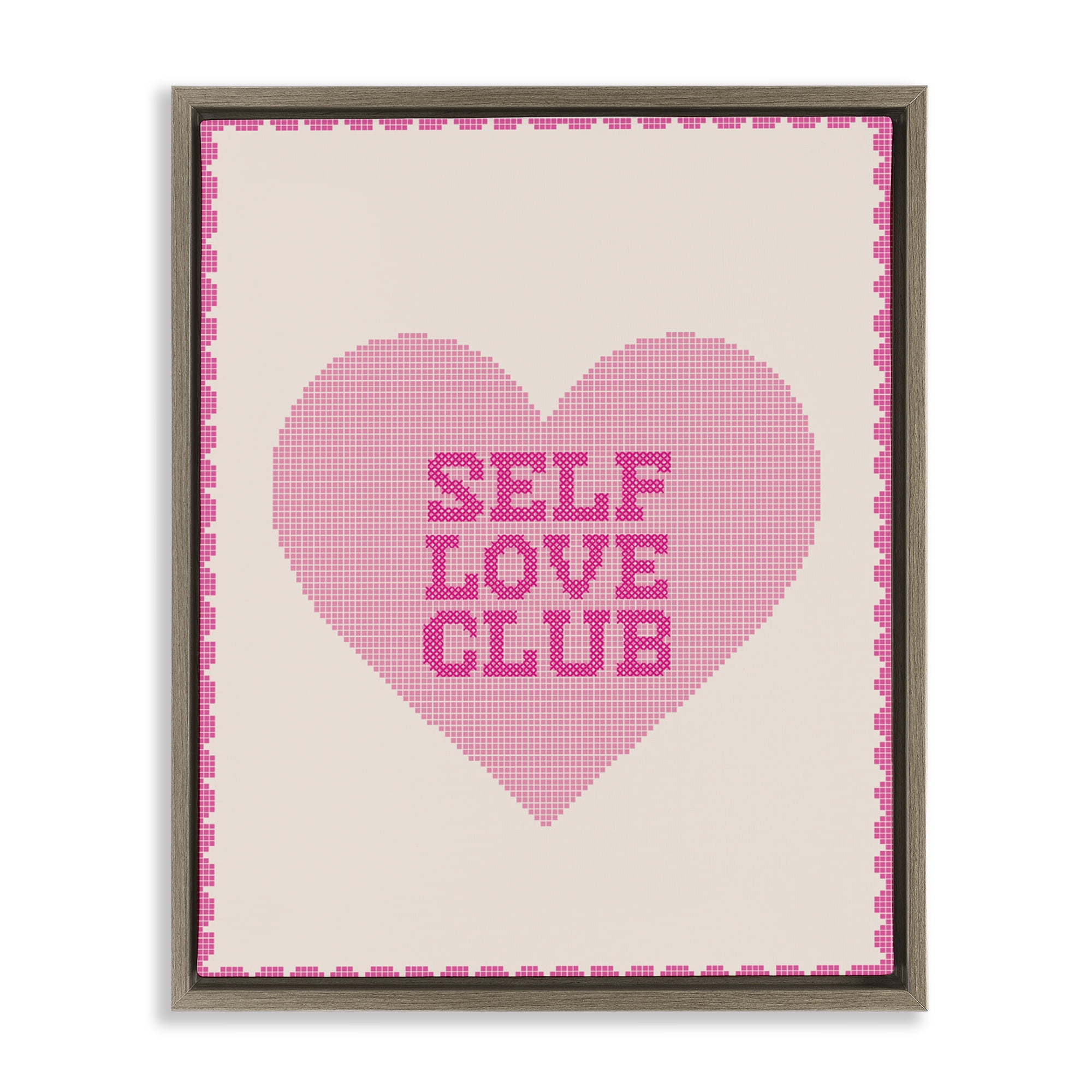 Stupell Industries Self Love Club Pixel Heart Brown Framed Floater Canvas Wall Art, design by Lil' Rue