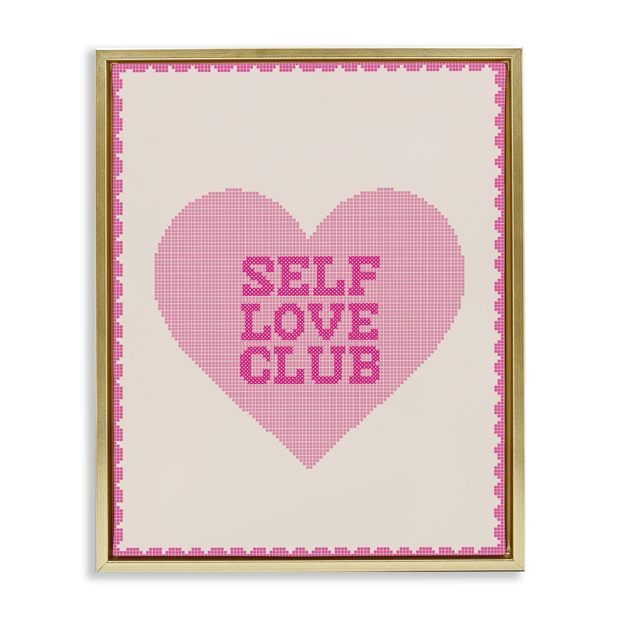Stupell Industries Self Love Club Pixel Heart Gold Framed Floater Canvas Wall Art, design by Lil' Rue