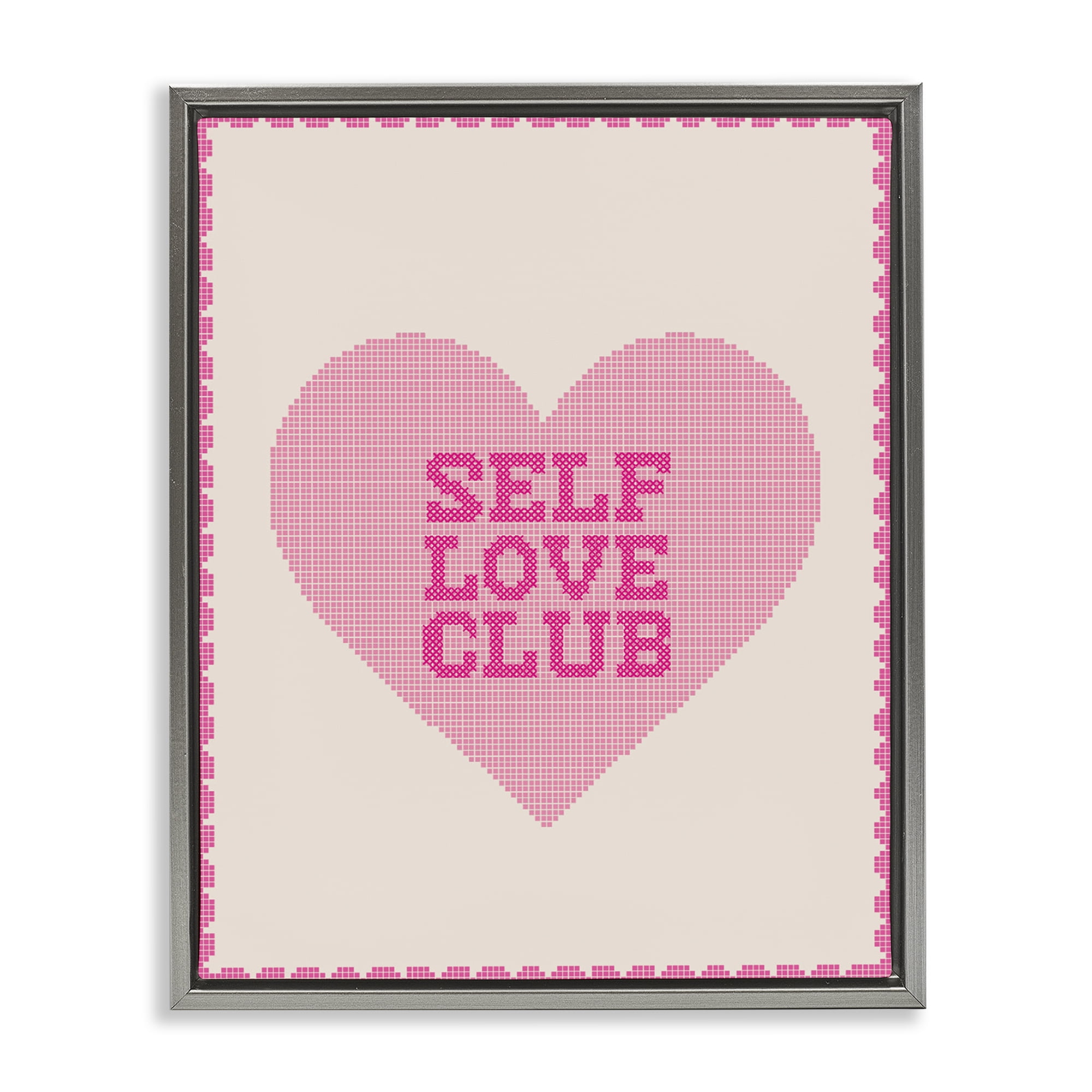 Stupell Industries Self Love Club Pixel Heart Gray Framed Floater Canvas Wall Art, design by Lil' Rue