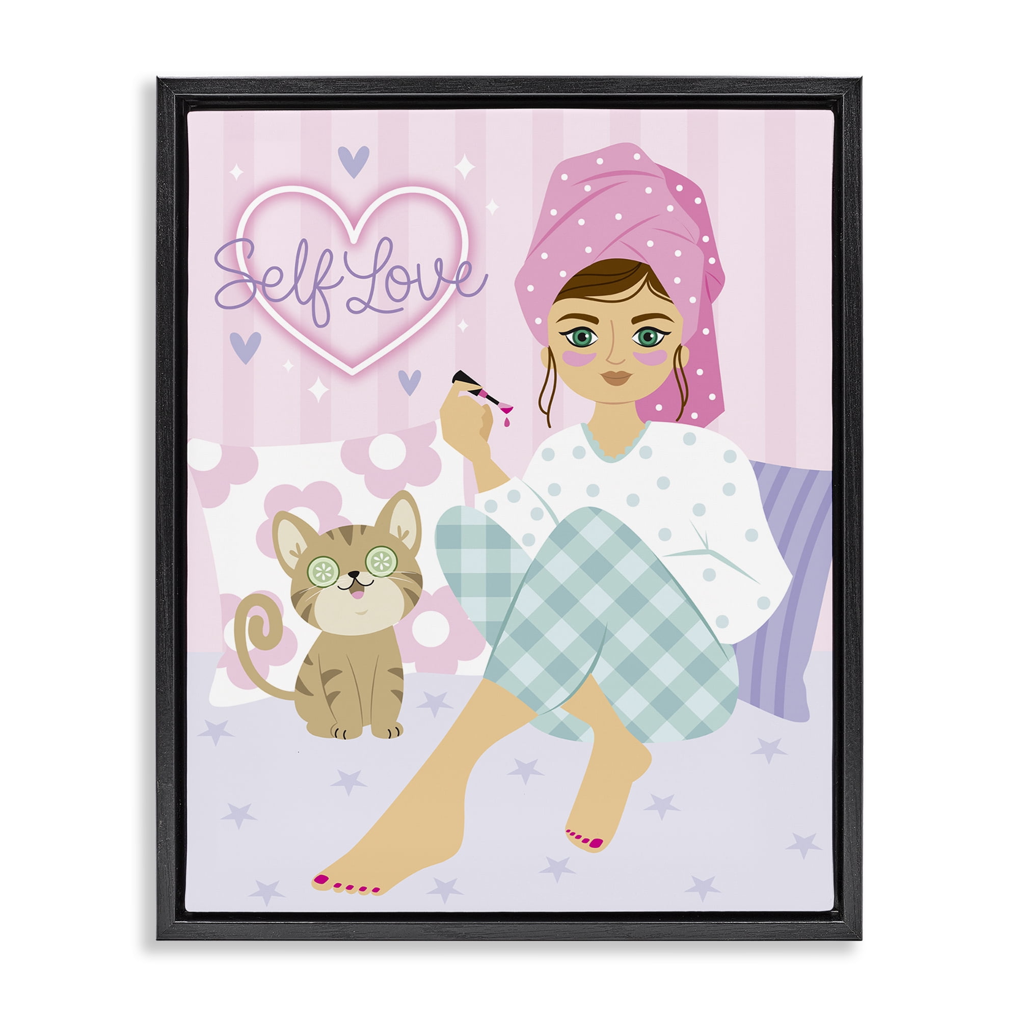 Stupell Industries Self Love Girl & Cat People Painting Black Floater Framed Canvas Art Print Wall Art, 25 x 31