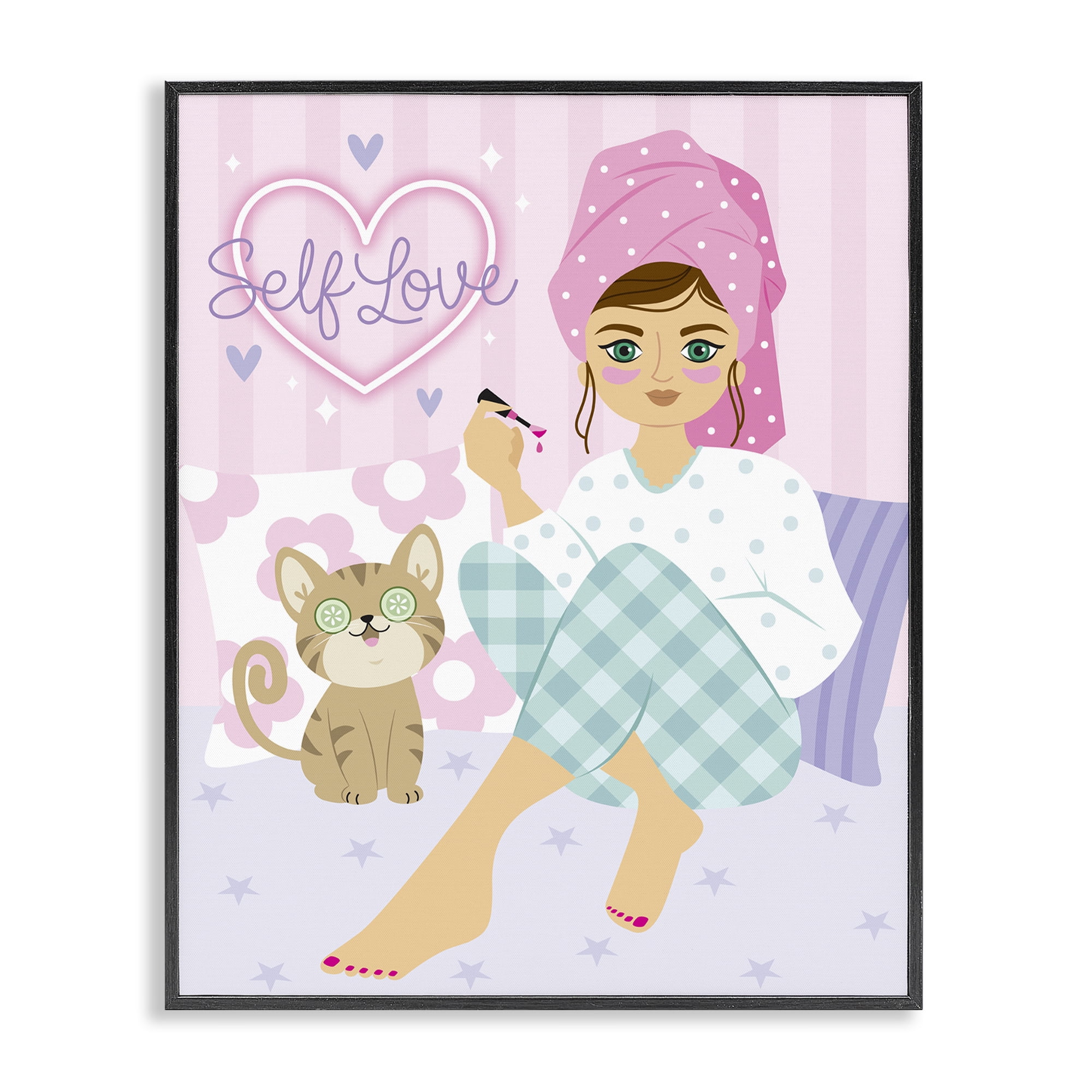 Stupell Industries Self Love Girl & Cat People Painting Black Framed Art Print Wall Art, 16 x 20