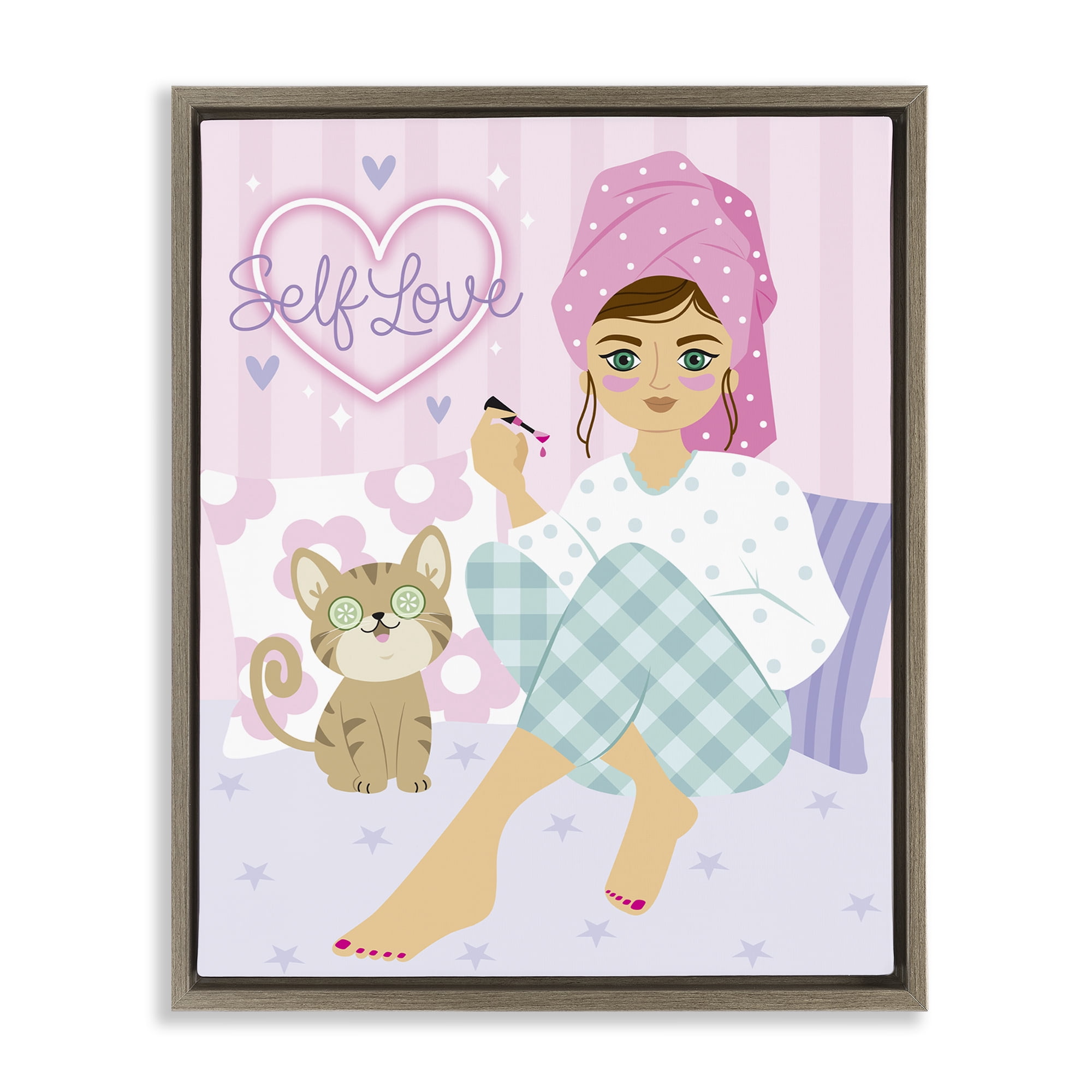 Stupell Industries Self Love Girl & Cat People Painting Brown Floater Framed Canvas Art Print Wall Art, 17 x 21