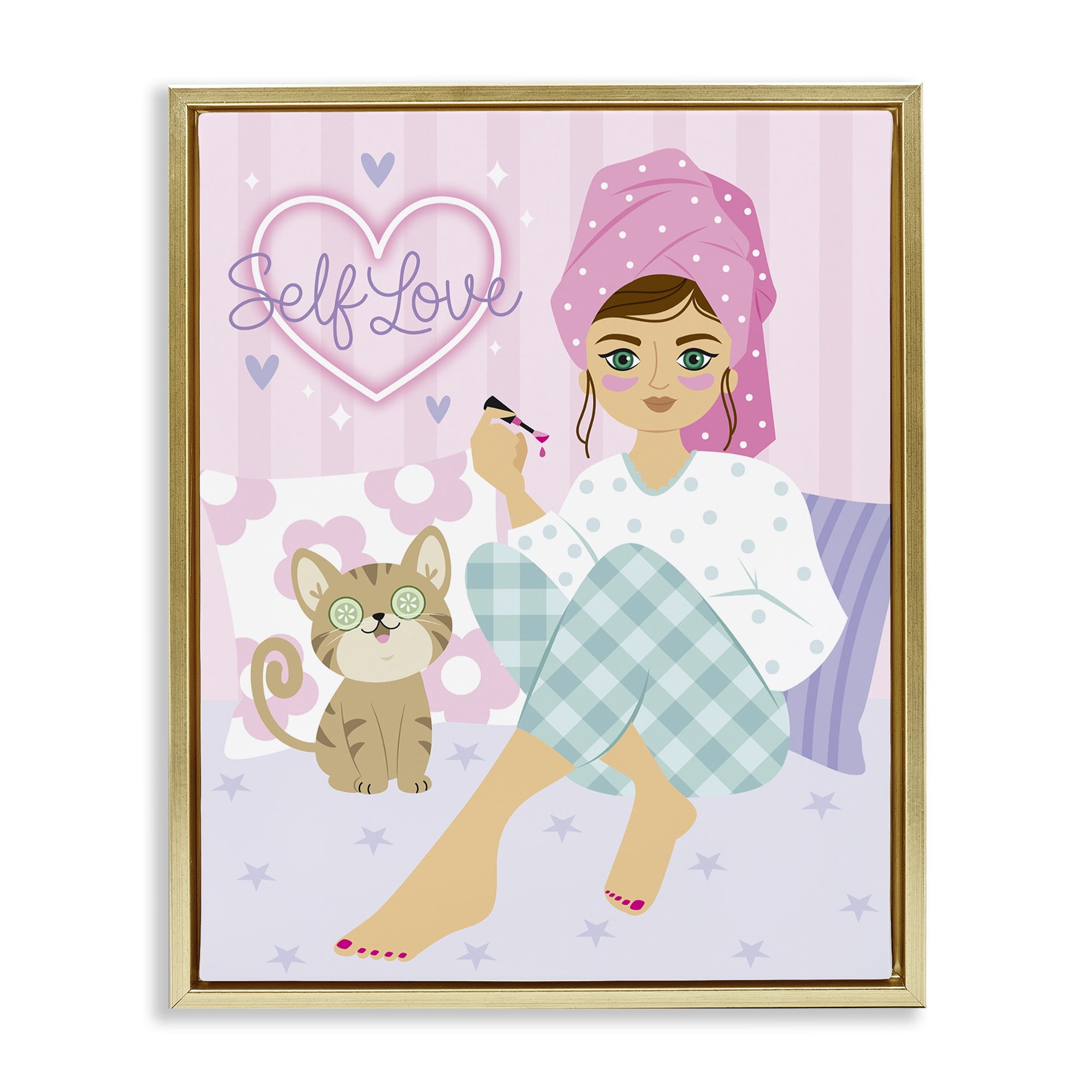 Stupell Industries Self Love Girl & Cat People Painting Gold Floater Framed Canvas Art Print Wall Art, 17 x 21
