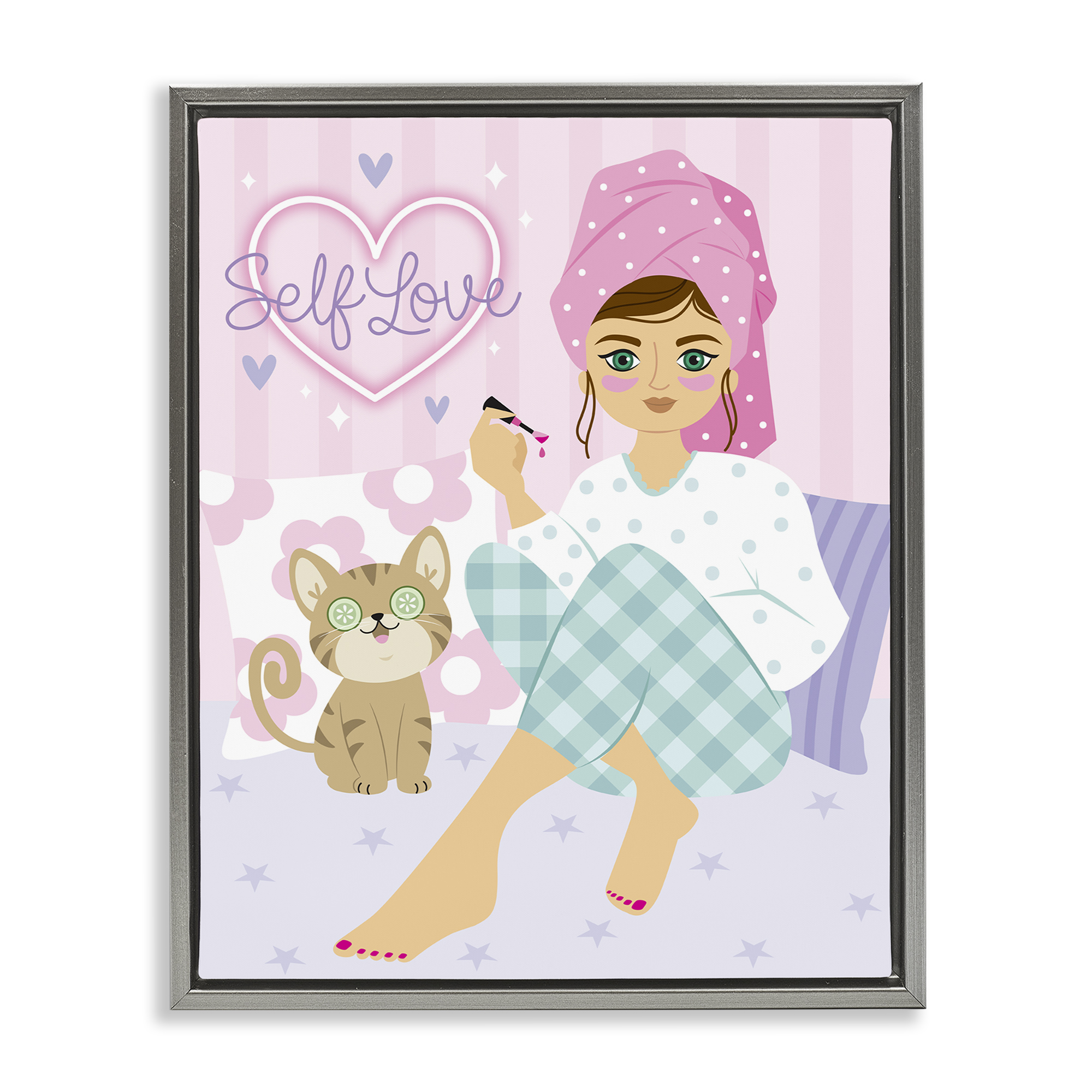 Stupell Industries Self Love Girl & Cat People Painting Gray Floater Framed Canvas Art Print Wall Art, 25 x 31