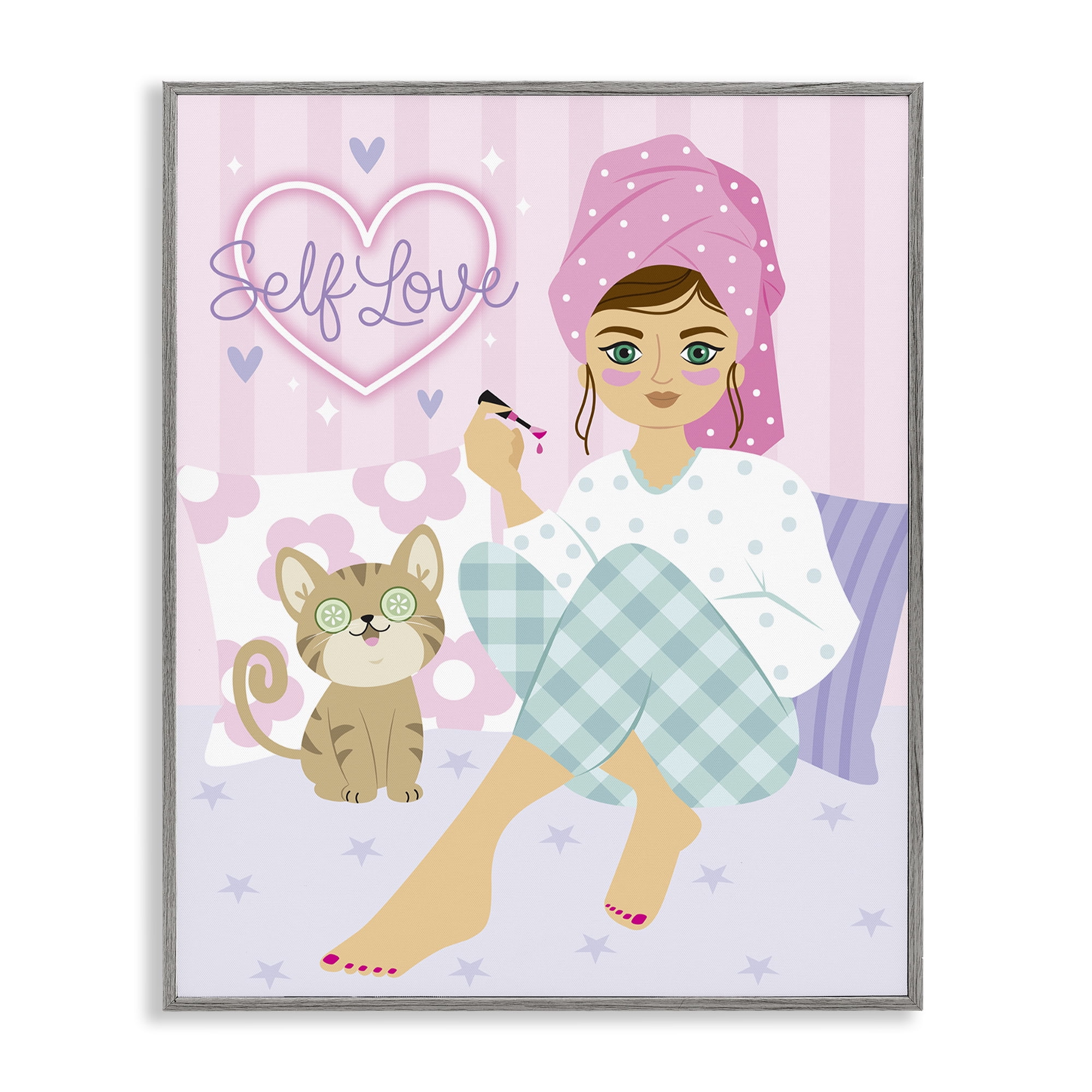 Stupell Industries Self Love Girl & Cat People Painting Gray Framed Art Print Wall Art, 24 x 30