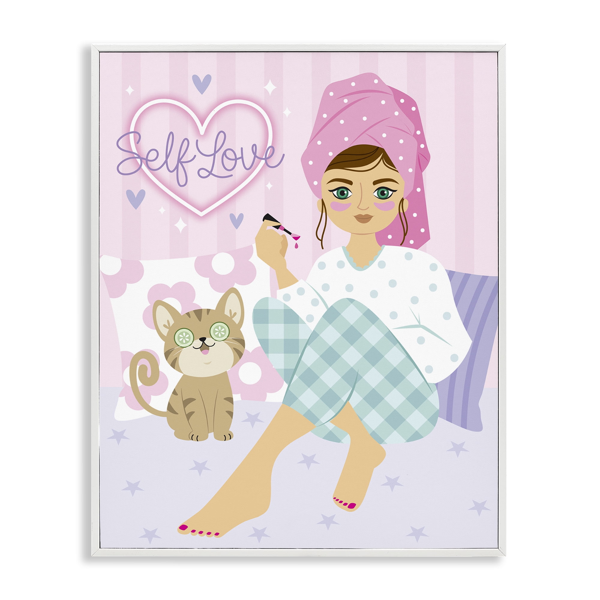 Stupell Industries Self Love Girl & Cat People Painting White Framed Art Print Wall Art, 24 x 30