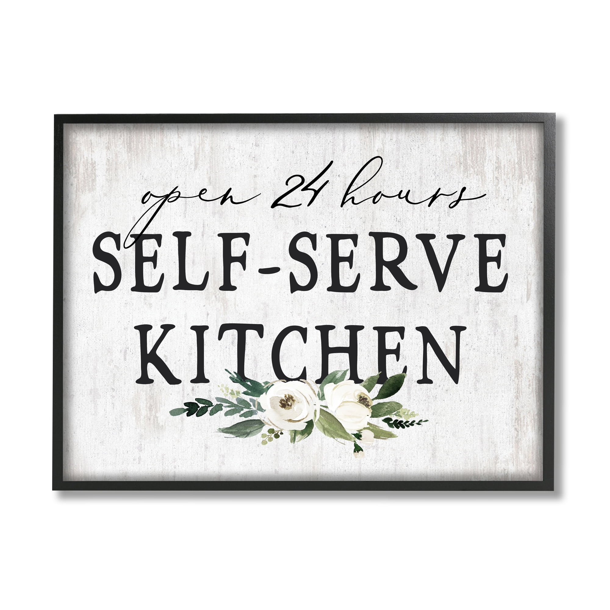 Stupell Industries Self-Serve Kitchen Sign White Flowers 24 Hours Graphic Art Black Framed Art Print Wall Art, 14x11, by Lettered and Lined