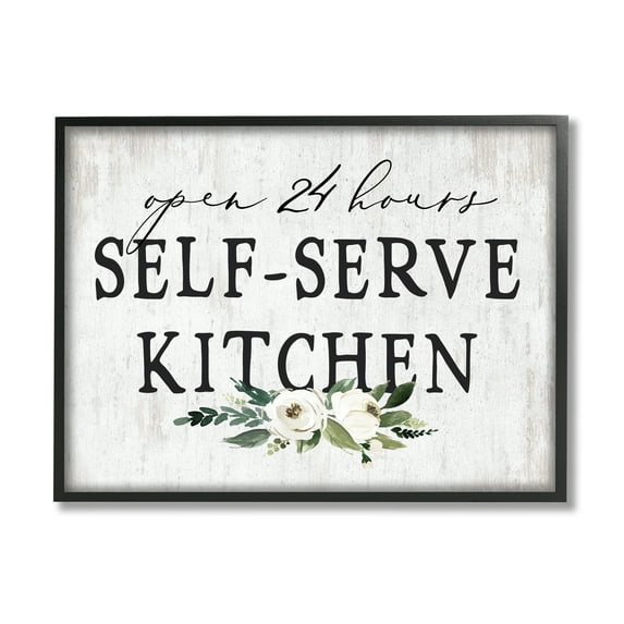 Stupell Industries Self-Serve Kitchen Sign White Flowers 24 Hours Graphic Art Black Framed Art Print Wall Art, 20x16, by Lettered and Lined
