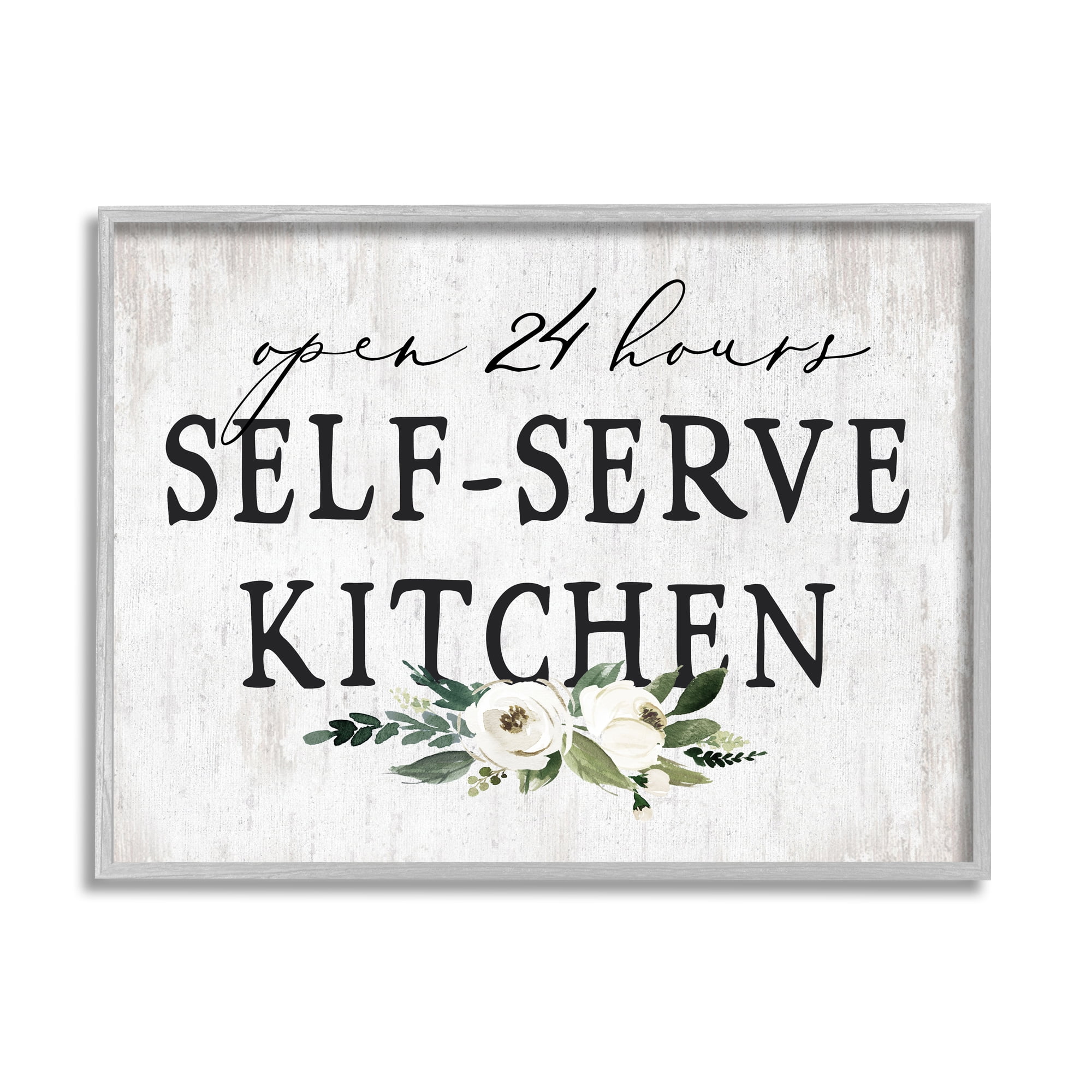 Stupell Industries Self-Serve Kitchen Sign White Flowers 24 Hours Graphic Art Gray Framed Art Print Wall Art, 30x24, by Lettered and Lined