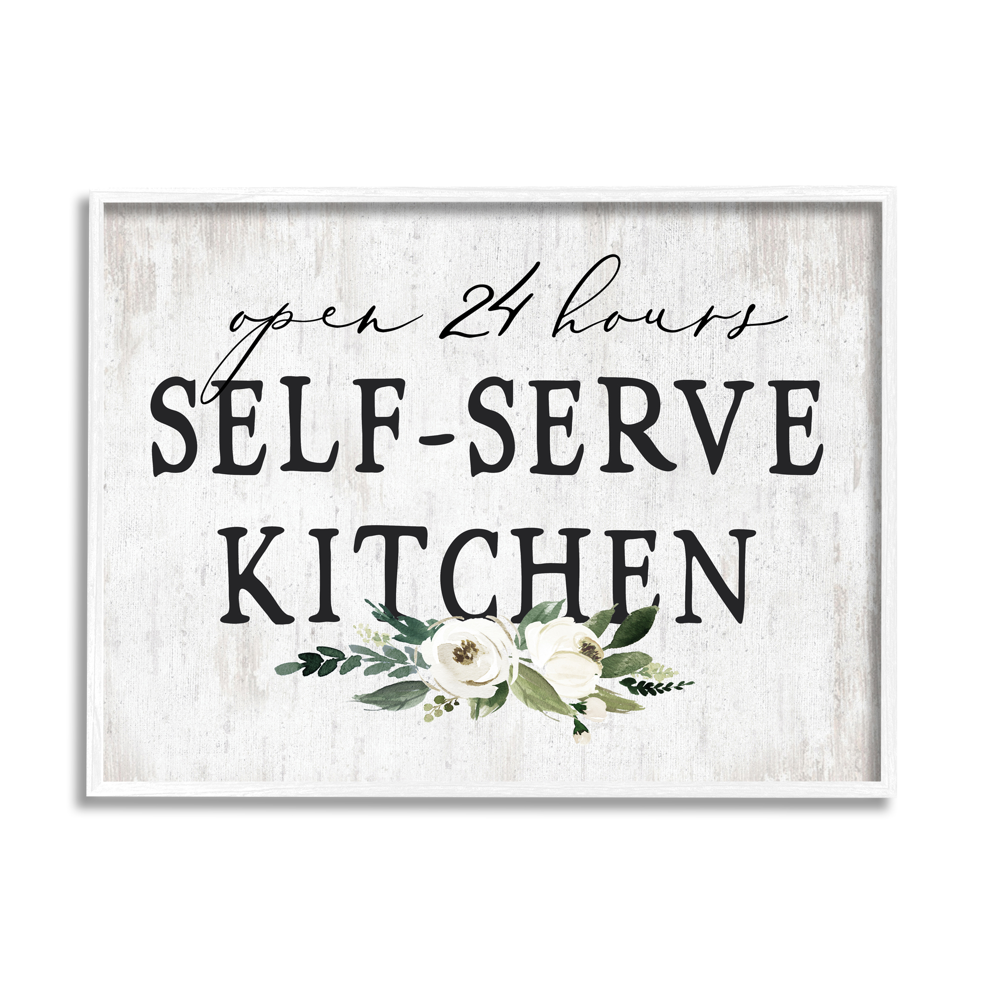 Stupell Industries Self-Serve Kitchen Sign White Flowers 24 Hours Graphic Art White Framed Art Print Wall Art, 20x16, by Lettered and Lined