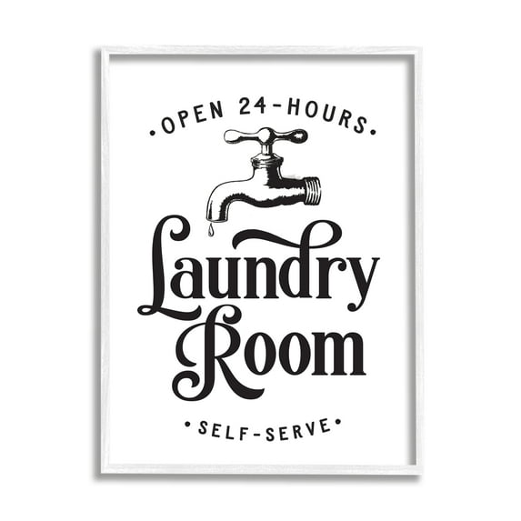 Stupell Industries Self-Serve Laundry Room Sign Vintage Faucette Drip Country Painting White Framed Art Print Wall Art, 24 x 30, Design by Lettered and Lined