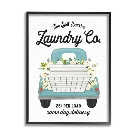 Stupell Industries Self Service Laundry Co. Antique Truck Flower Arrangement Graphic Art Black Framed Art Print Wall Art, Design by Lettered and Lined