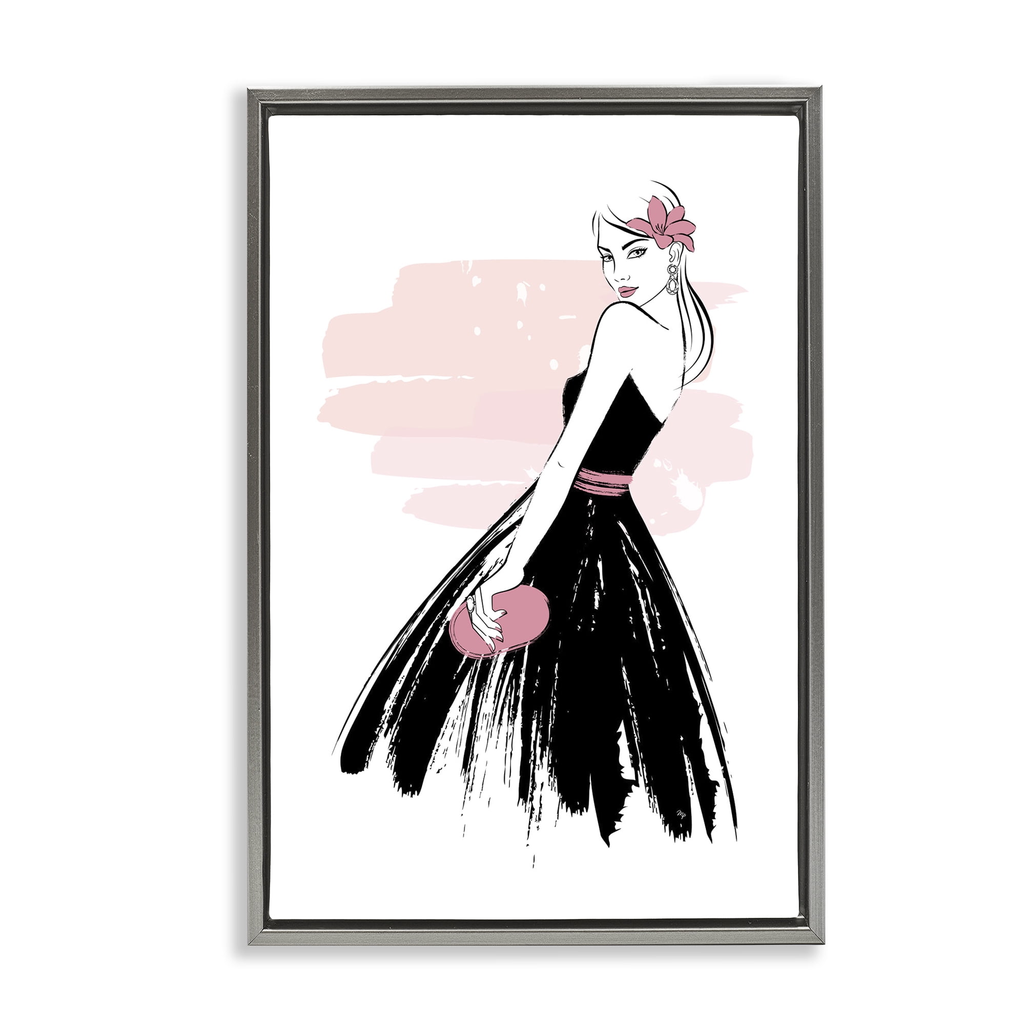 Stupell Industries Senorita in Black Dress Novelty Painting Gray Floater Framed Art Print Wall Art, 17 x 25