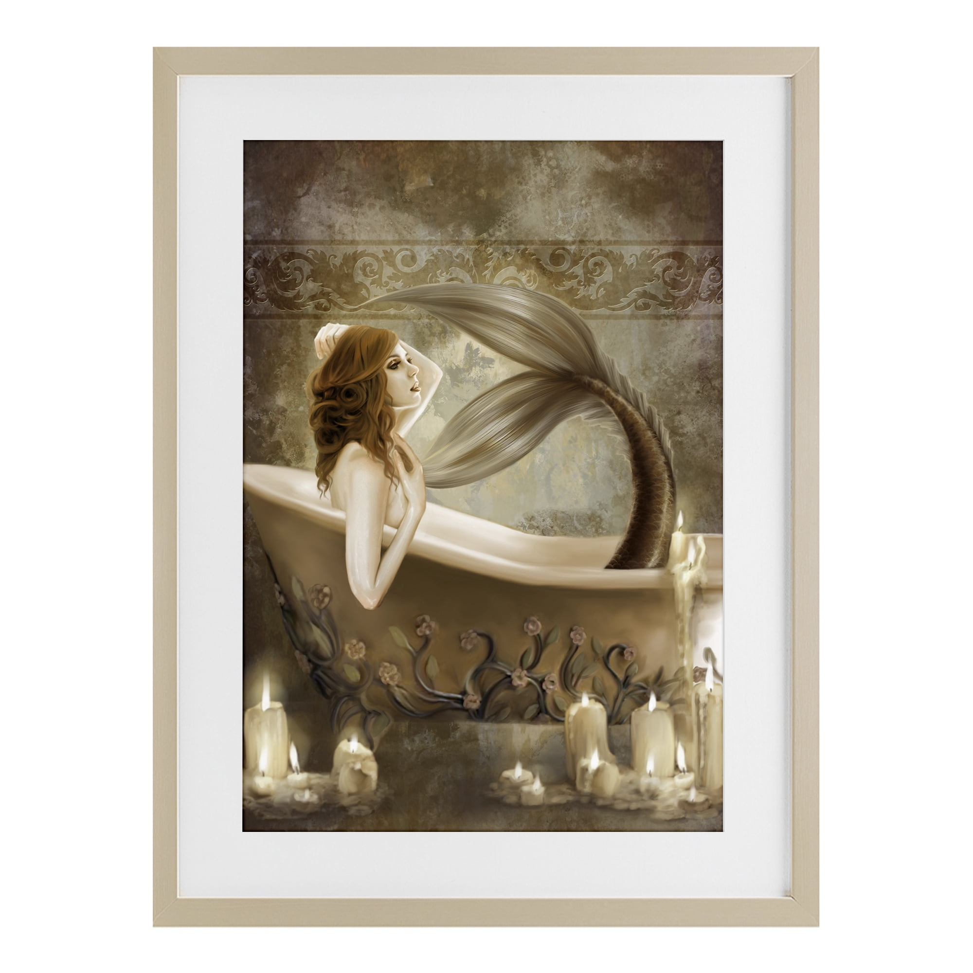 Stupell Industries Sepia Bath Time Mermaid Birch Framed Print Under Glass, design by Selina Fenech