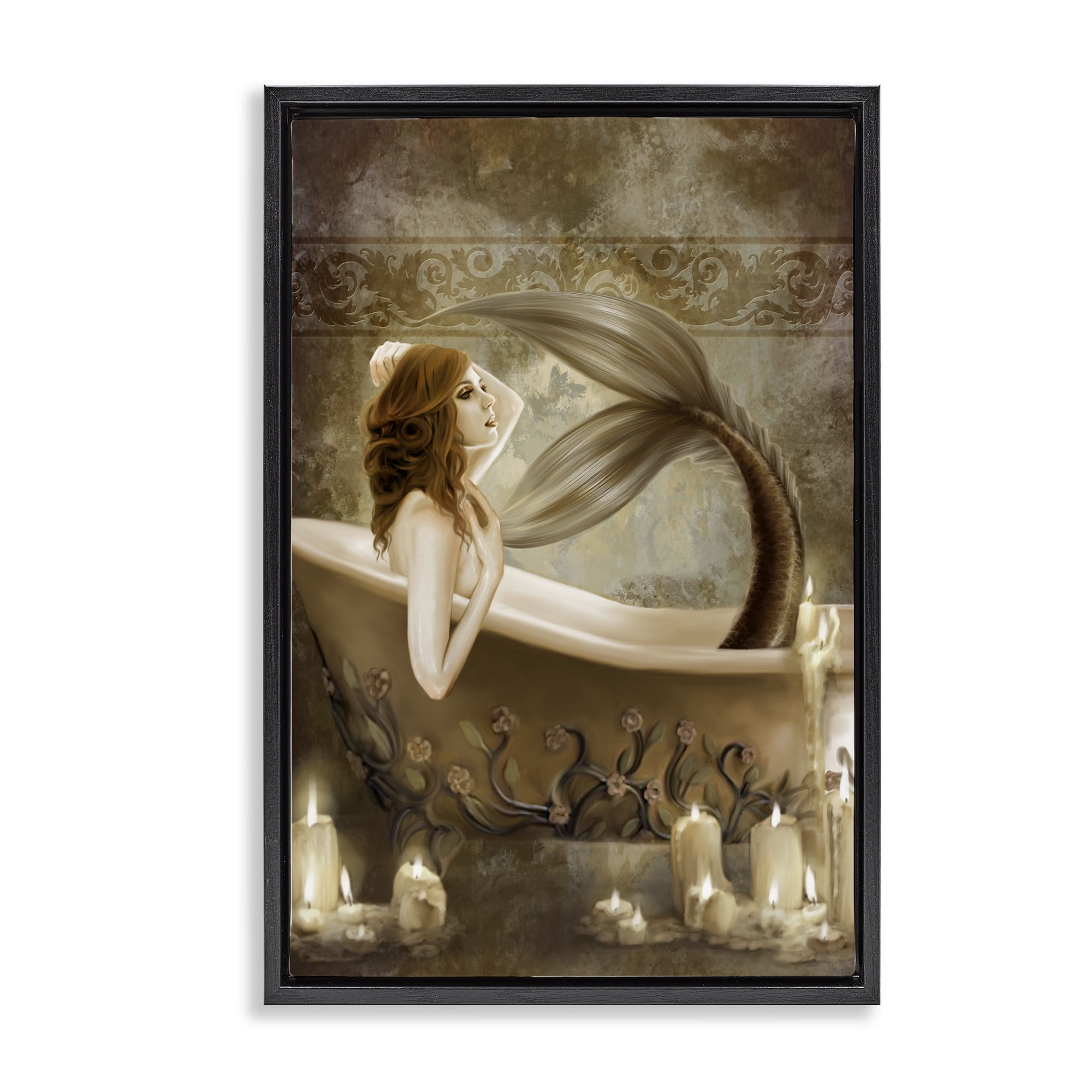 Stupell Industries Sepia Bath Time Mermaid Black Framed Floater Canvas Wall Art, design by Selina Fenech