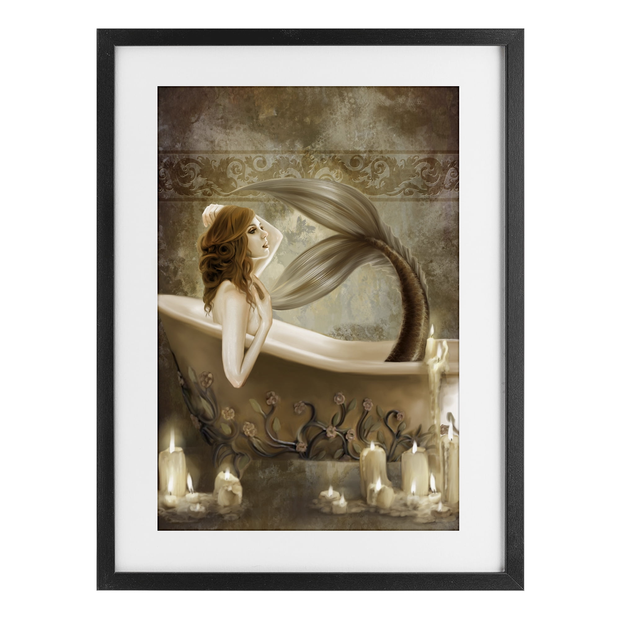 Stupell Industries Sepia Bath Time Mermaid Black Framed Print Under Glass, design by Selina Fenech