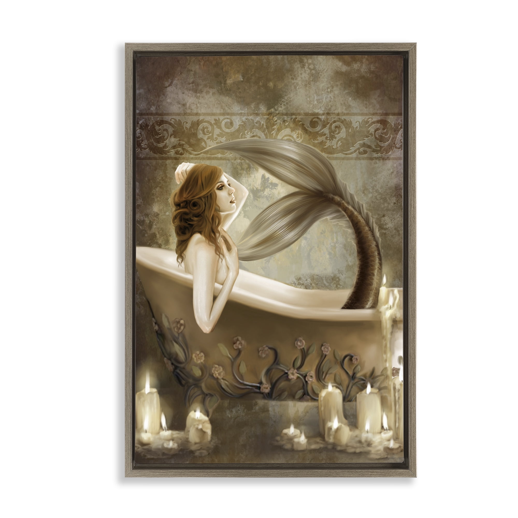 Stupell Industries Sepia Bath Time Mermaid Brown Framed Floater Canvas Wall Art, design by Selina Fenech