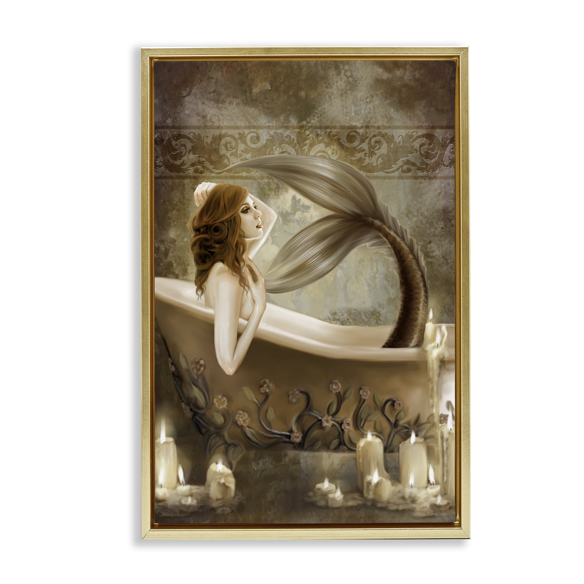 Stupell Industries Sepia Bath Time Mermaid Gold Framed Floater Canvas Wall Art, design by Selina Fenech