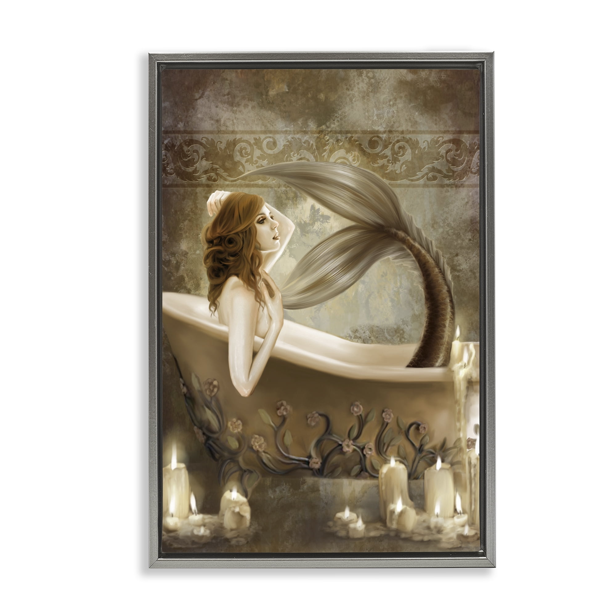 Stupell Industries Sepia Bath Time Mermaid Gray Framed Floater Canvas Wall Art, design by Selina Fenech