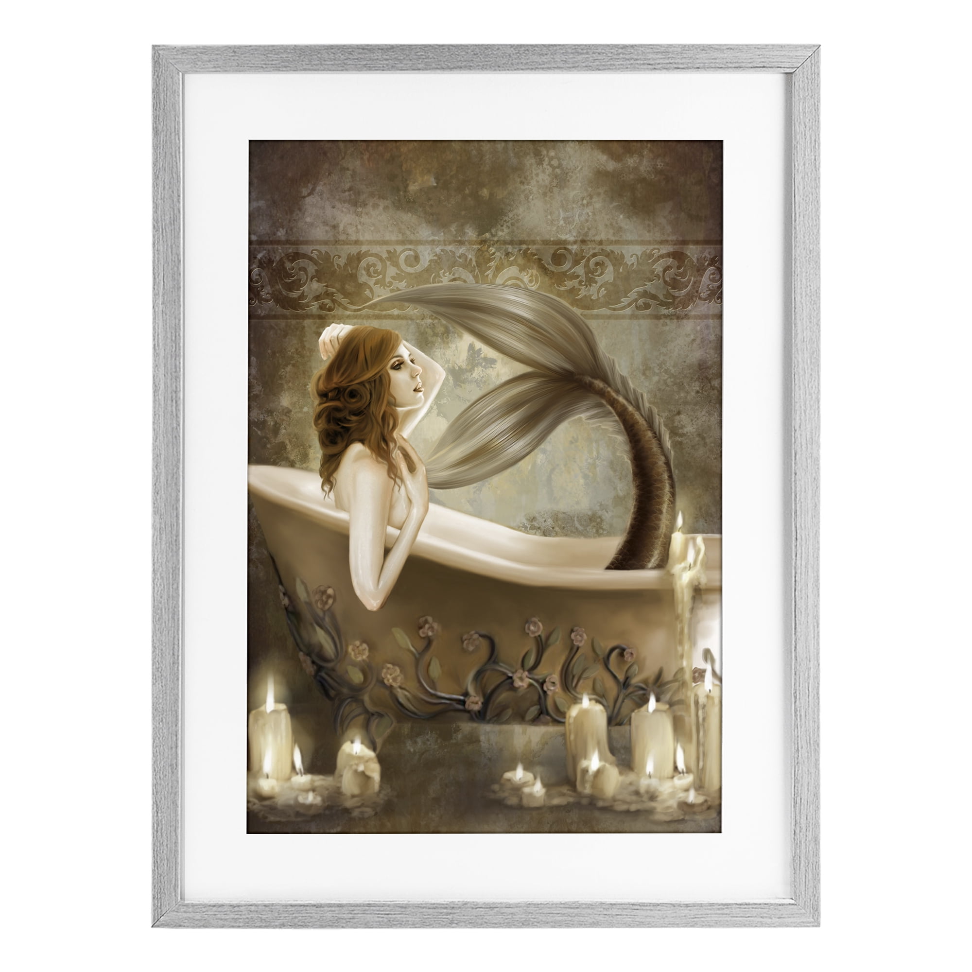 Stupell Industries Sepia Bath Time Mermaid Gray Framed Print Under Glass, design by Selina Fenech
