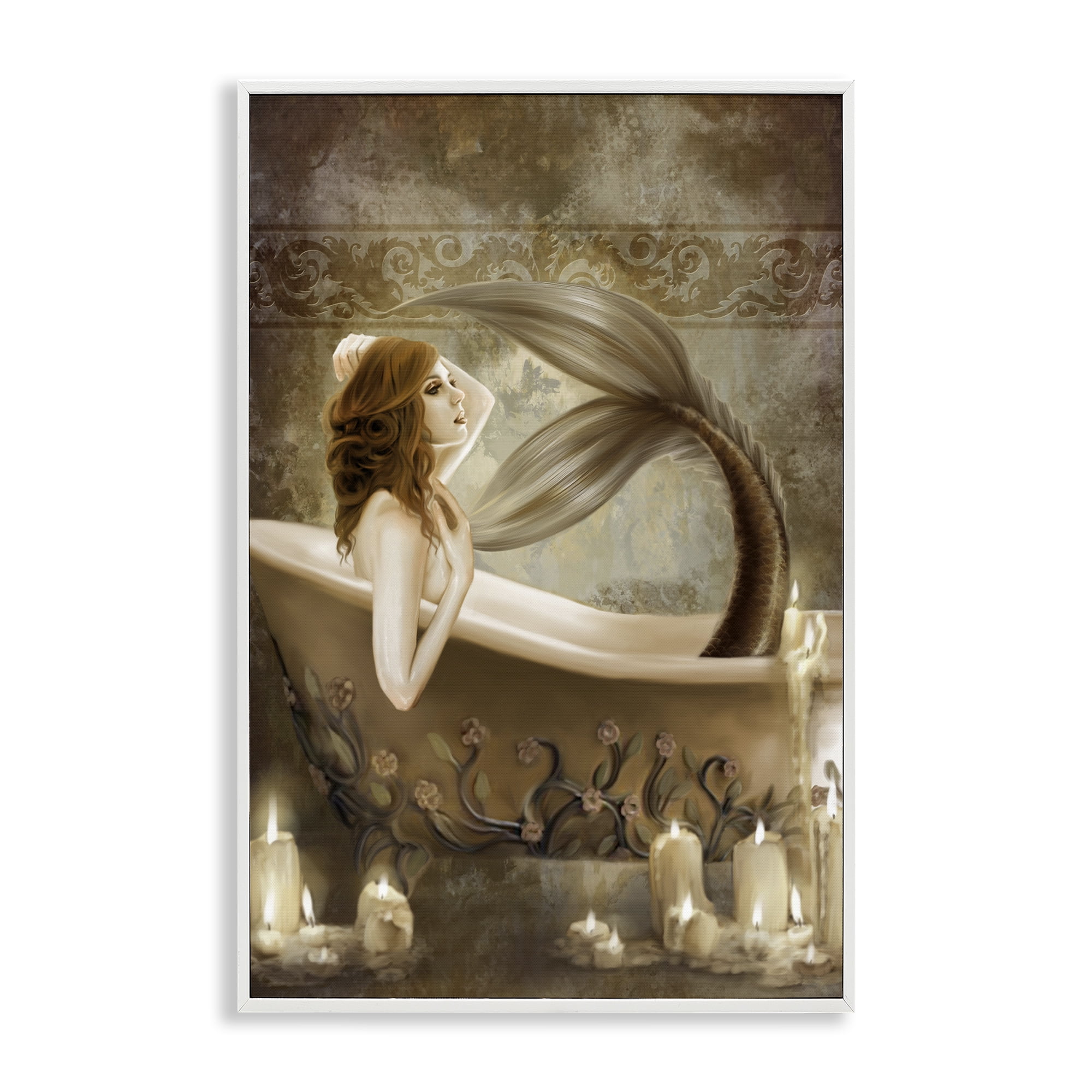 Stupell Industries Sepia Bath Time Mermaid White Framed Giclee Art, design by Selina Fenech