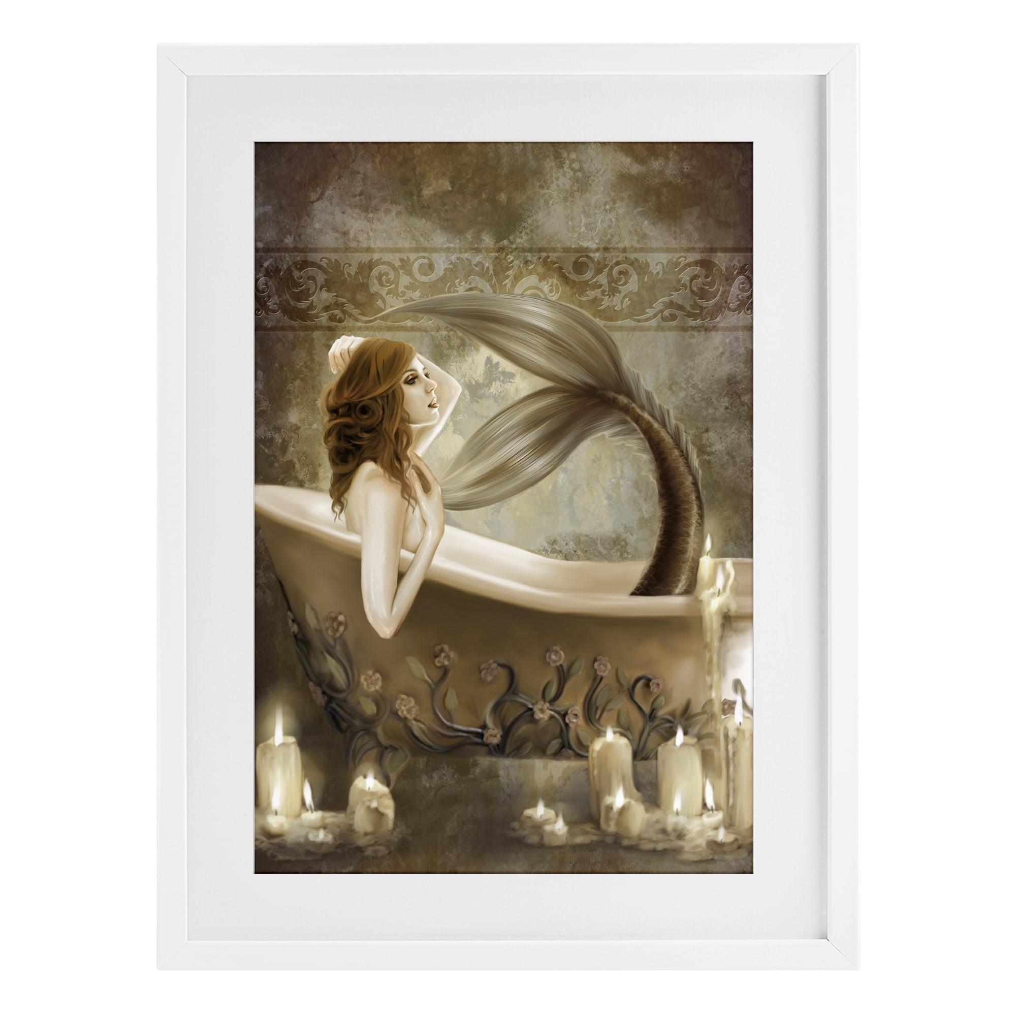 Stupell Industries Sepia Bath Time Mermaid White Framed Print Under Glass, design by Selina Fenech
