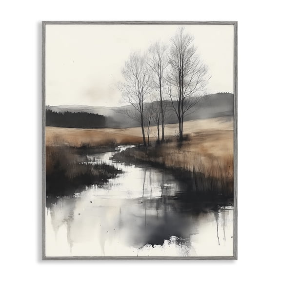 Stupell Industries Sepia Countryside River Landscape & Nature Painting Gray Framed Art Print Wall Art, 16 x 20