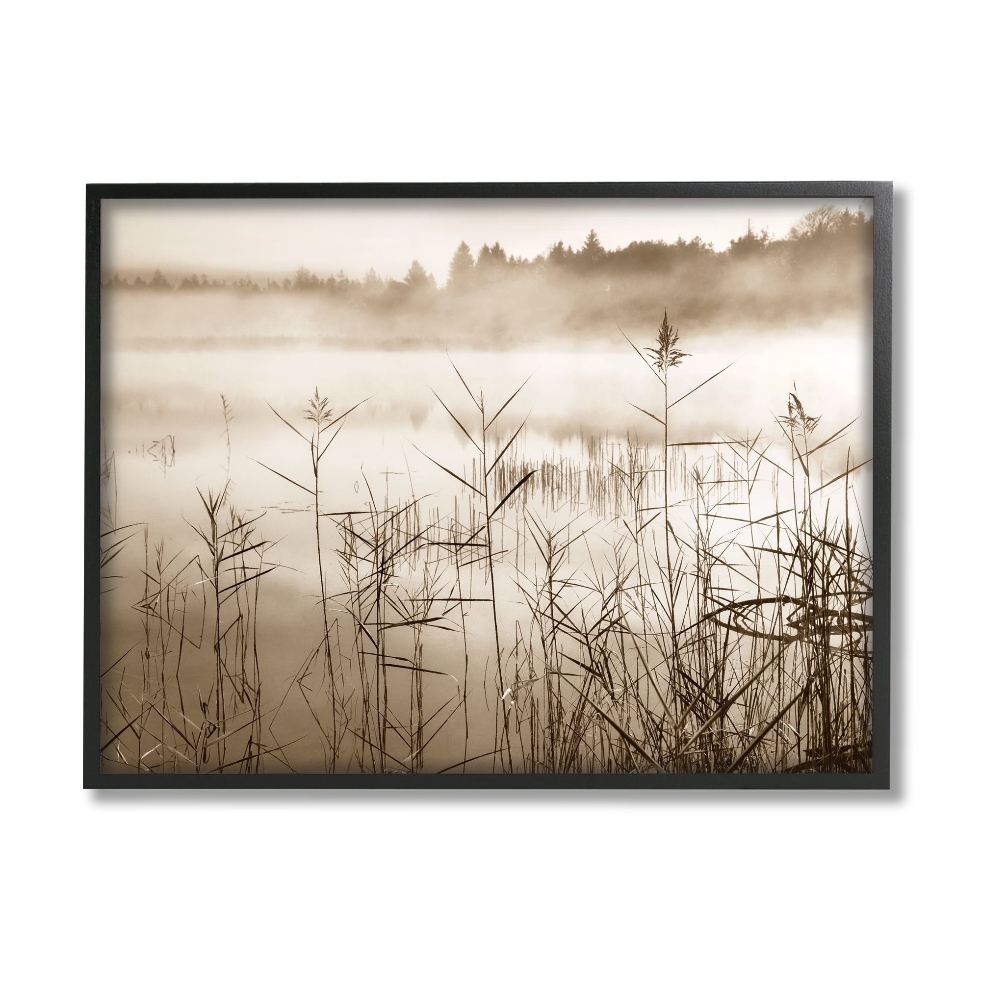 Stupell Industries Sepia Foggy Lake View Landscape Photography Black Framed Art Print Wall Art, 30 x 24