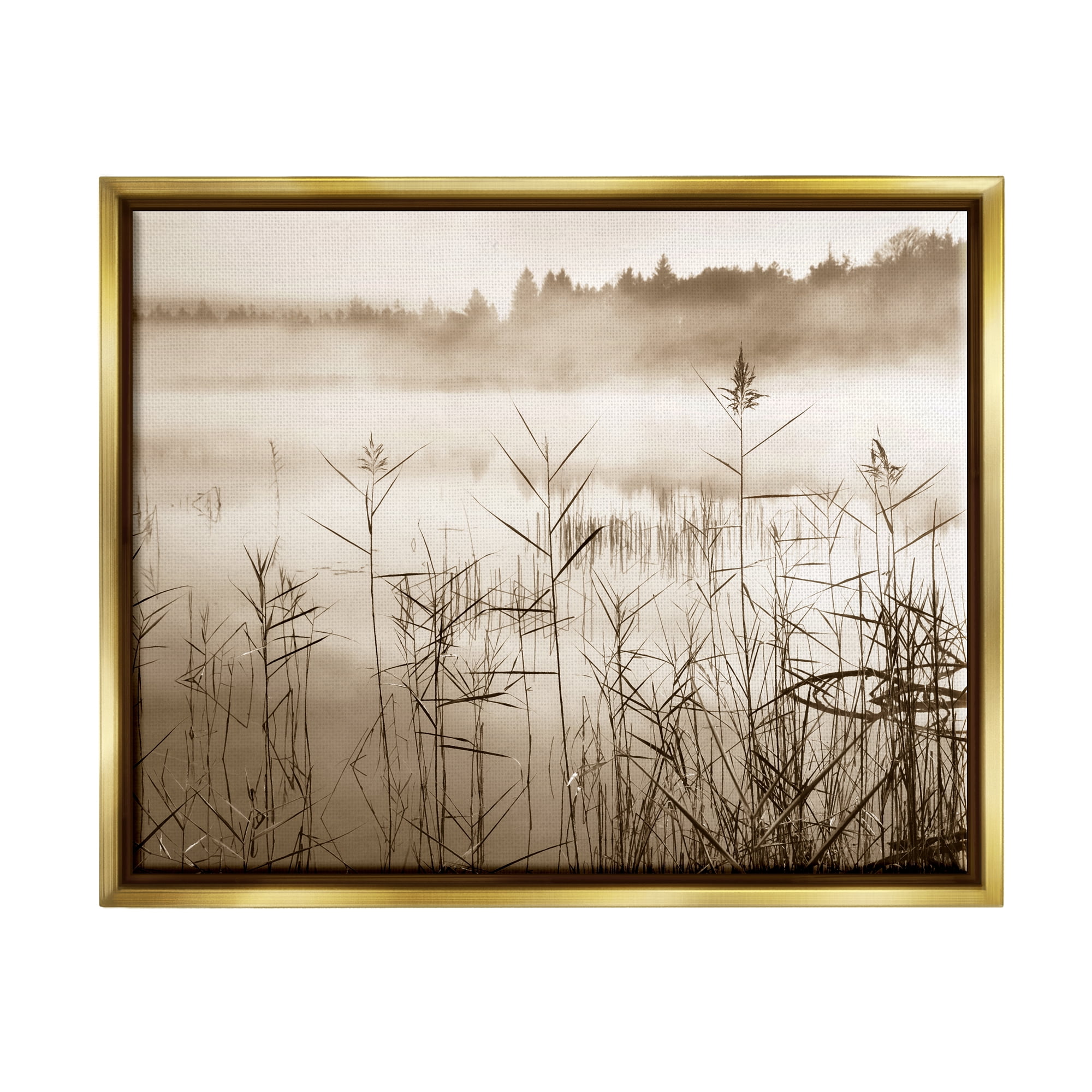 Stupell Industries Sepia Foggy Lake View Landscape Photography Gold Floater Framed Canvas Art Print Wall Art, 21 x 17