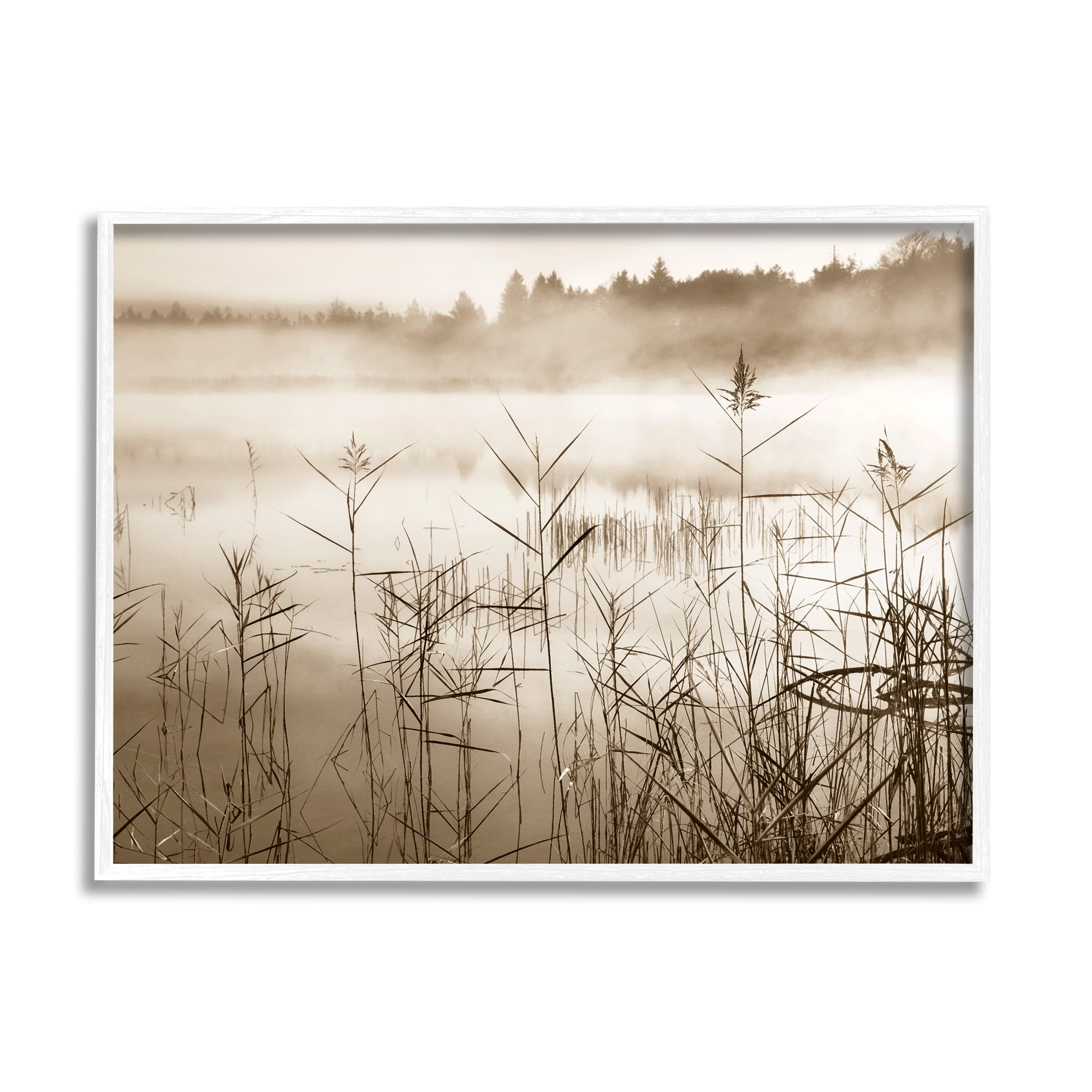 Stupell Industries Sepia Foggy Lake View Landscape Photography White Framed Art Print Wall Art, 30 x 24