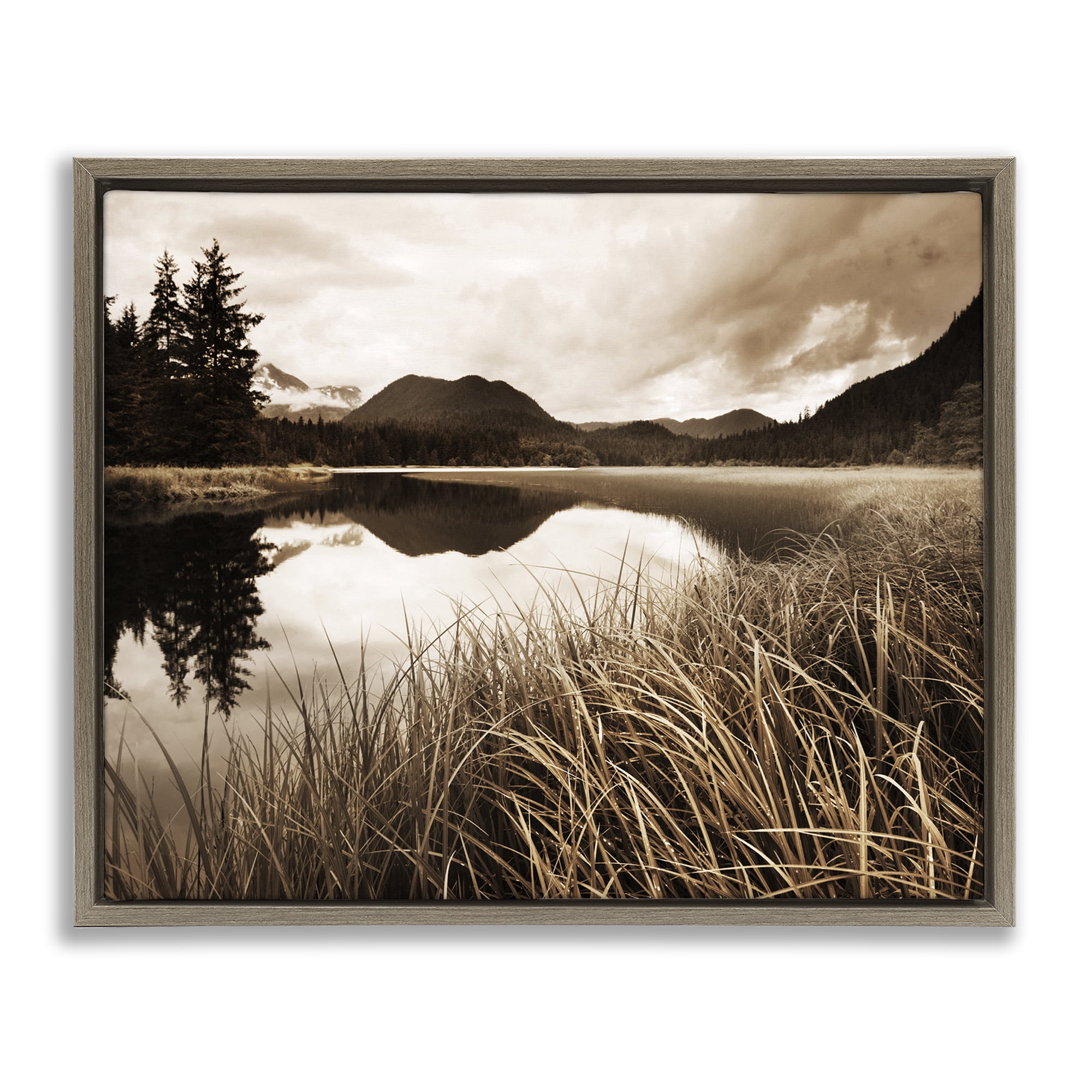 Stupell Industries Sepia Lake Reflection Landscape Photography Brown Floater Framed Art Print Wall Art, 21 x 17