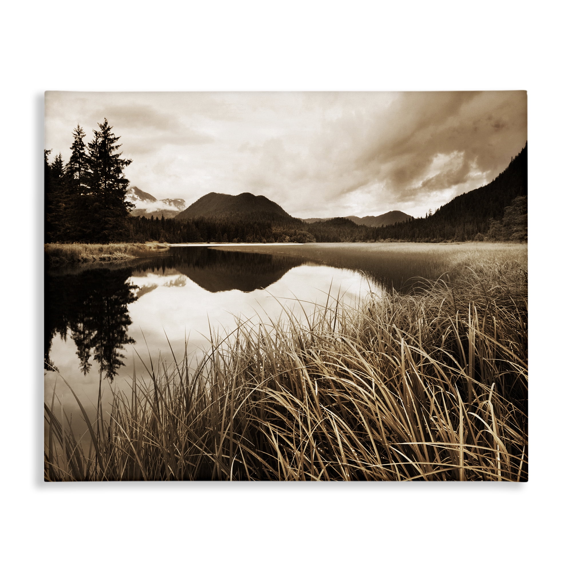 Stupell Industries Sepia Lake Reflection Landscape Photography Gallery Wrapped Canvas Art Print Wall Art, 30 x 24