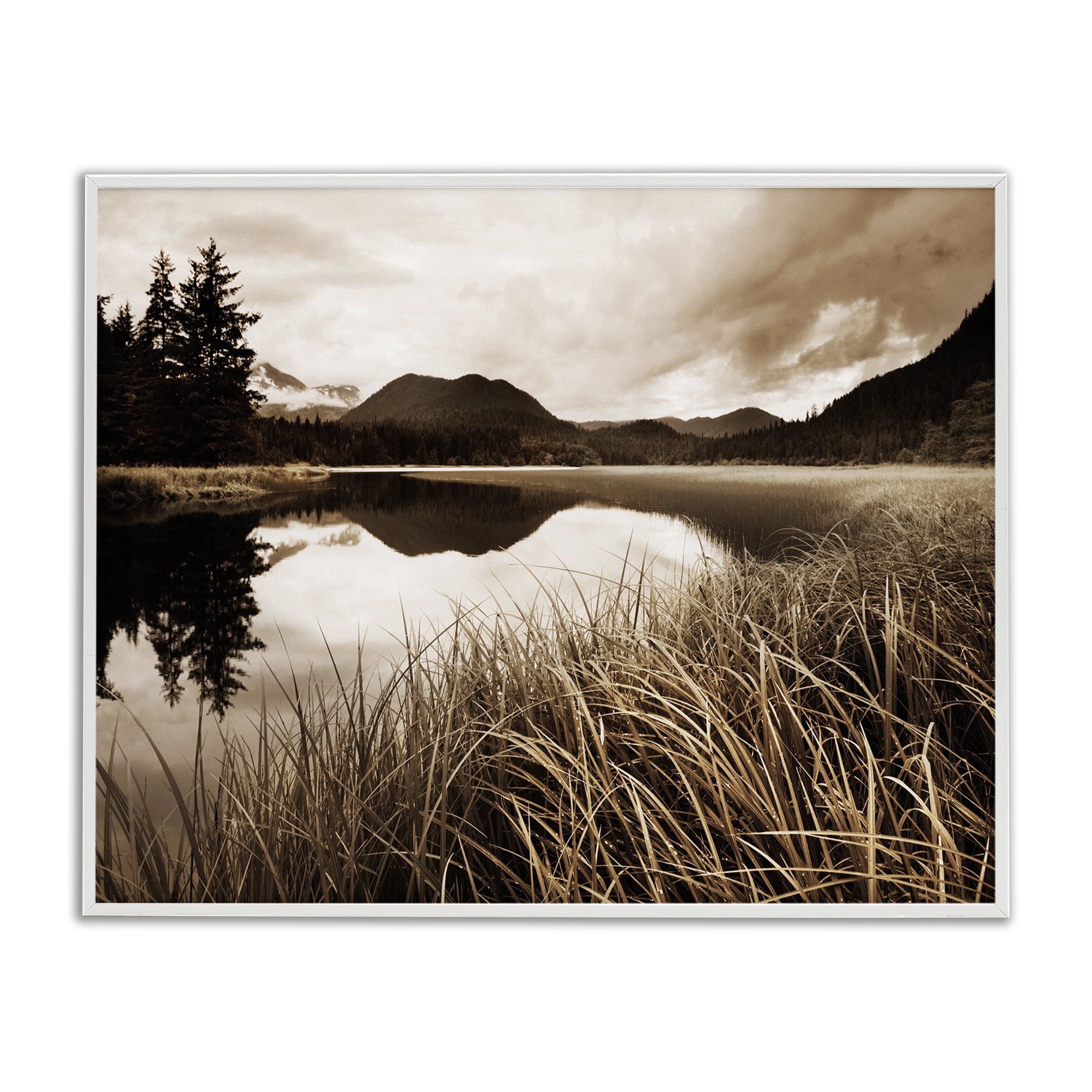 Stupell Industries Sepia Lake Reflection Landscape Photography White Framed Art Print Wall Art, 30 x 24