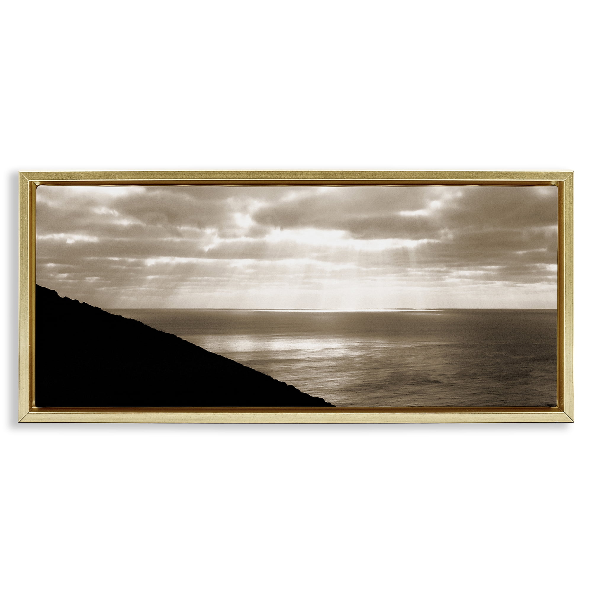 Stupell Industries Sepia Rays on Beach Landscape & Nature Photography Gold Floater Framed Canvas Art Print Wall Art, 31 x 14