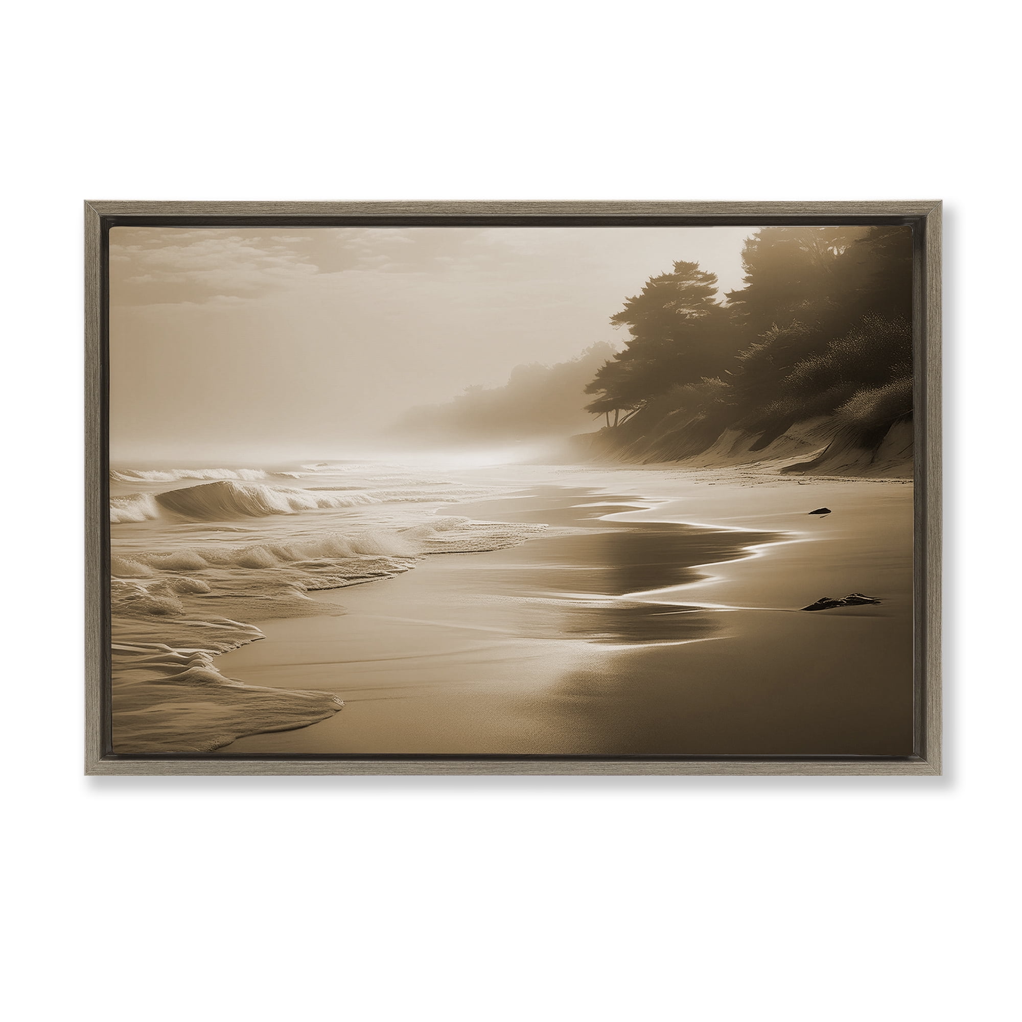 Stupell Industries Sepia Smooth Beach Landscape Landscape & Nature Photography Brown Floater Framed Canvas Art Print Wall Art, 31 x 21