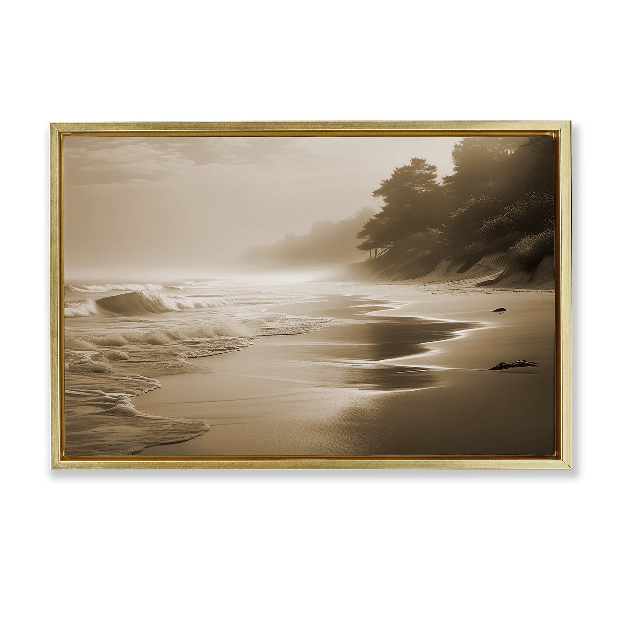 Stupell Industries Sepia Smooth Beach Landscape Landscape & Nature Photography Gold Floater Framed Canvas Art Print Wall Art, 31 x 21