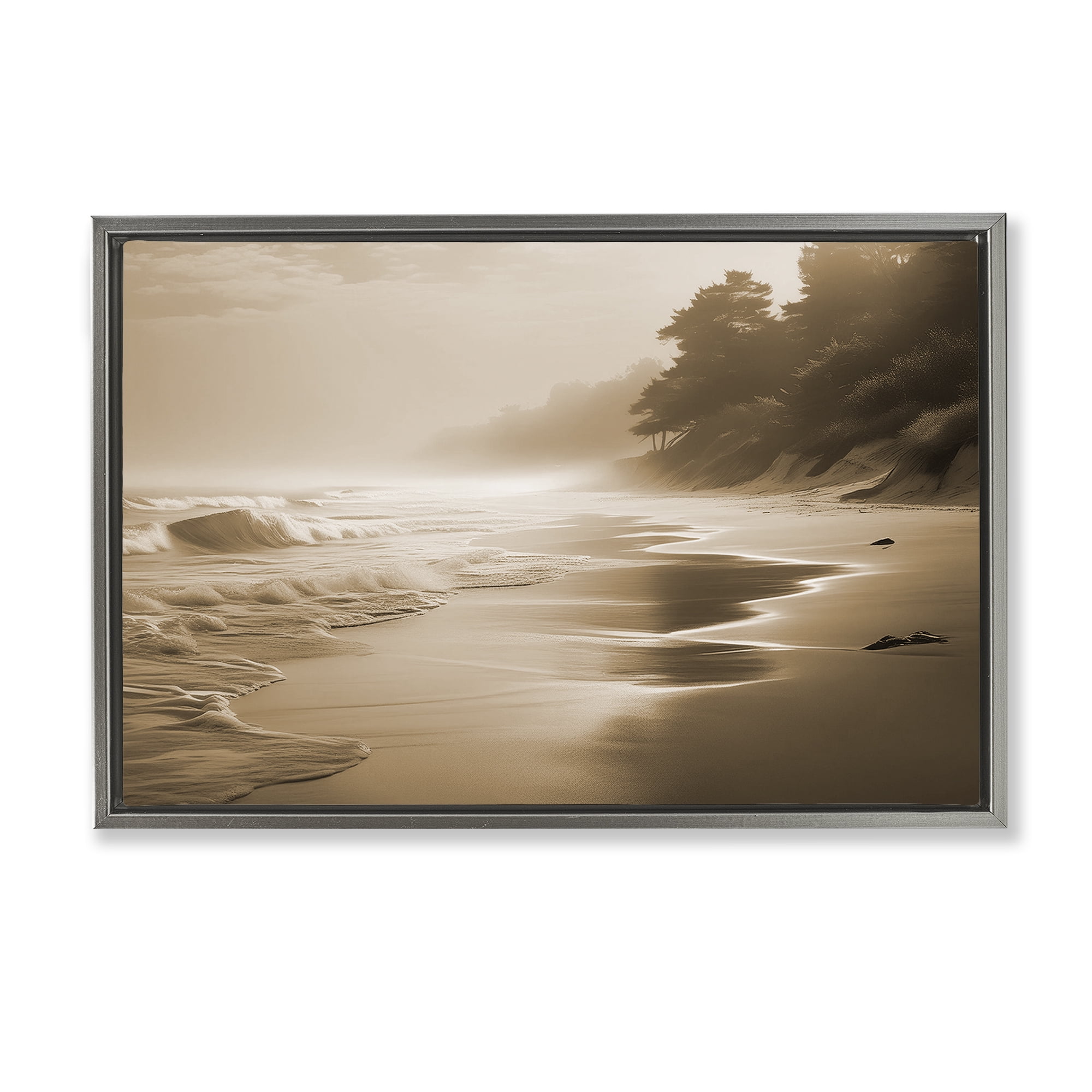 Stupell Industries Sepia Smooth Beach Landscape Landscape & Nature Photography Gray Floater Framed Canvas Art Print Wall Art, 25 x 17