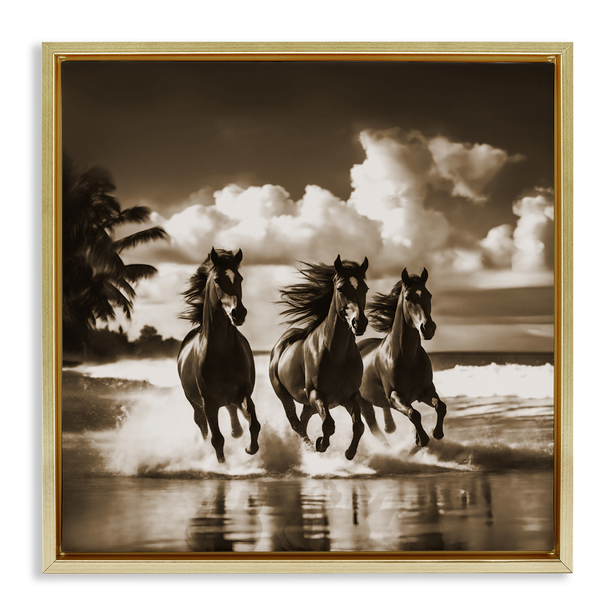 Stupell Industries Sepia Stallions Galloping Landscape & Nature Painting Gold Floater Framed Canvas Art Print Wall Art, 18 x 18
