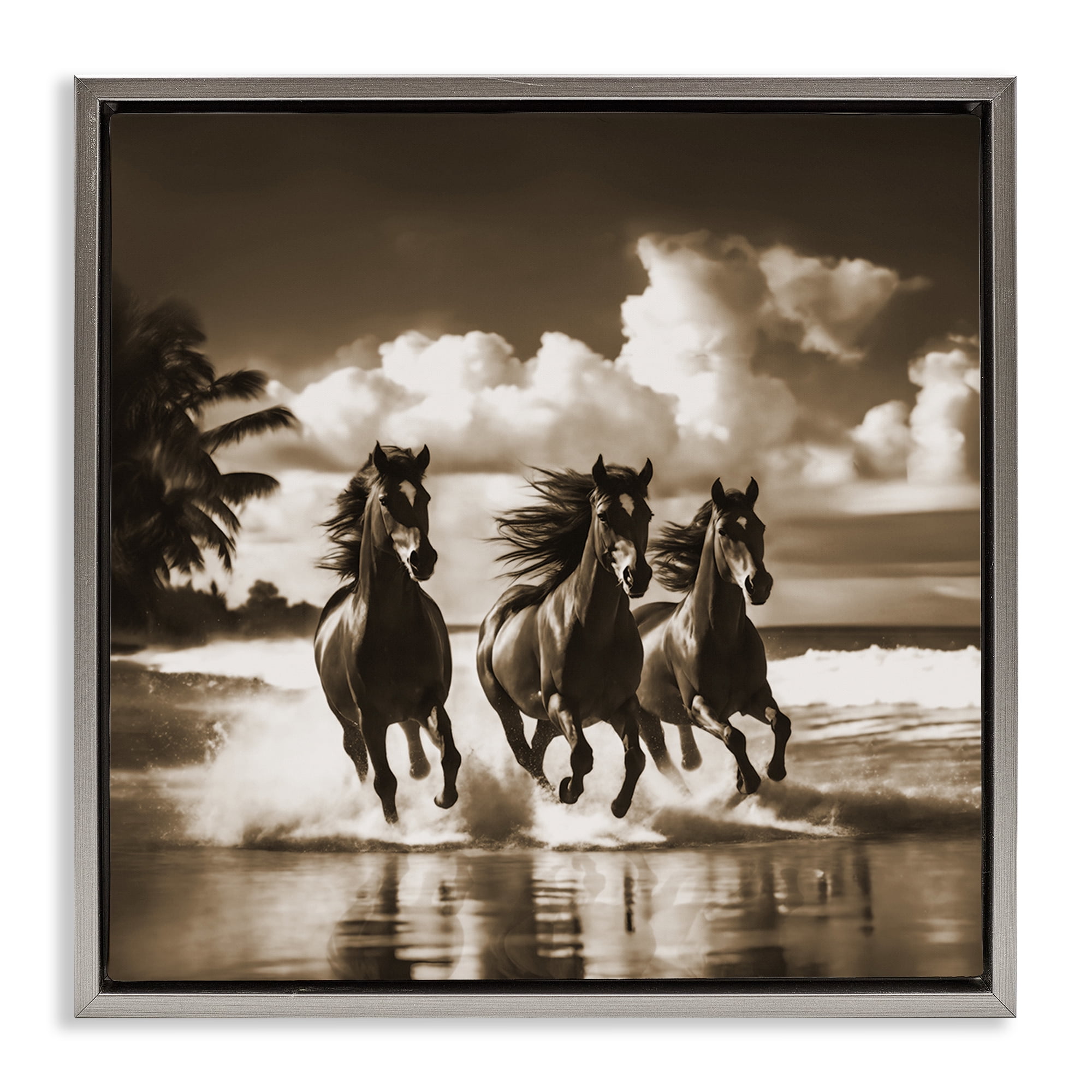 Stupell Industries Sepia Stallions Galloping Landscape & Nature Painting Gray Floater Framed Canvas Art Print Wall Art, 25 x 25