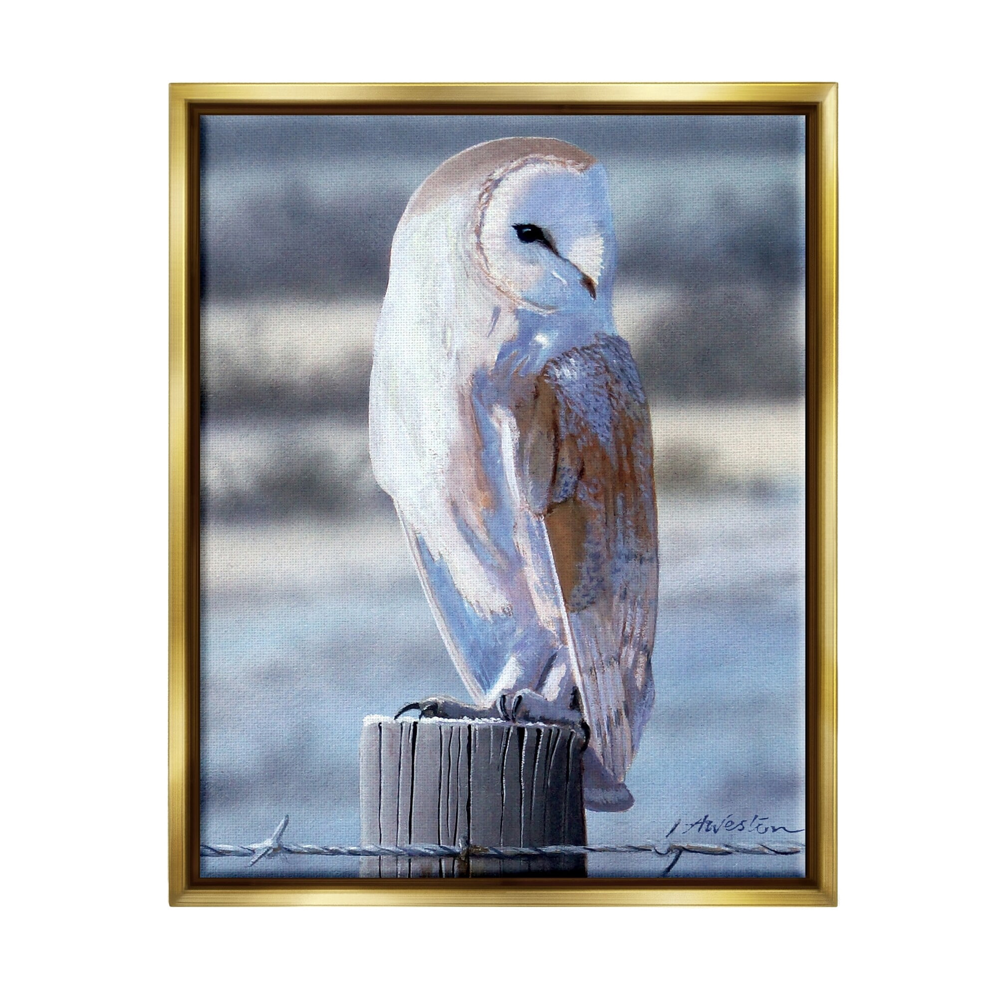Stupell Industries Serene Barn Owl Perched Snow Dusted Fence Photograph Metallic Gold Floating Framed Canvas Print Wall Art, Design by Alan Weston