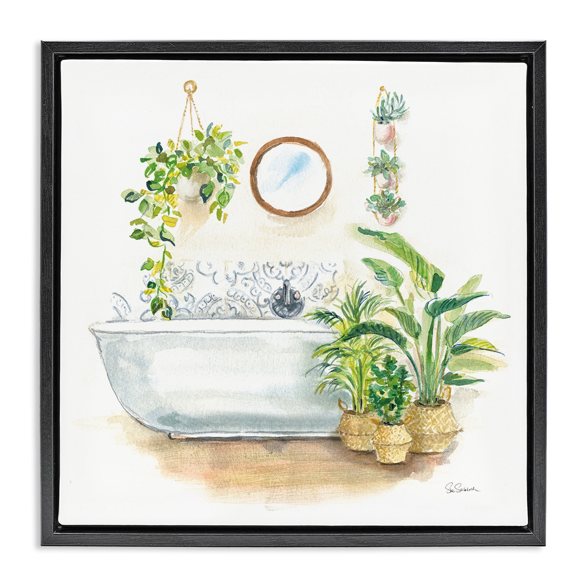Stupell Industries Serene Bathroom Interior with Greenery Botanical & Floral Painting Black Floater Framed Canvas Art Print Wall Art, 18 x 18