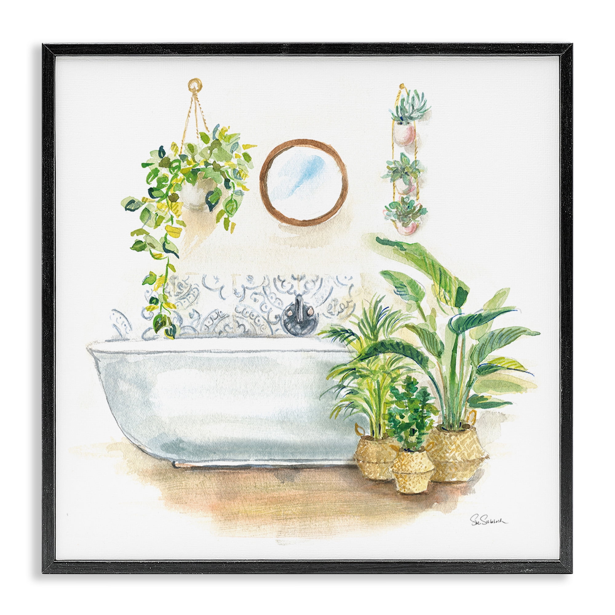 Stupell Industries Serene Bathroom Interior with Greenery Botanical & Floral Painting Black Framed Art Print Wall Art, 17 x 17