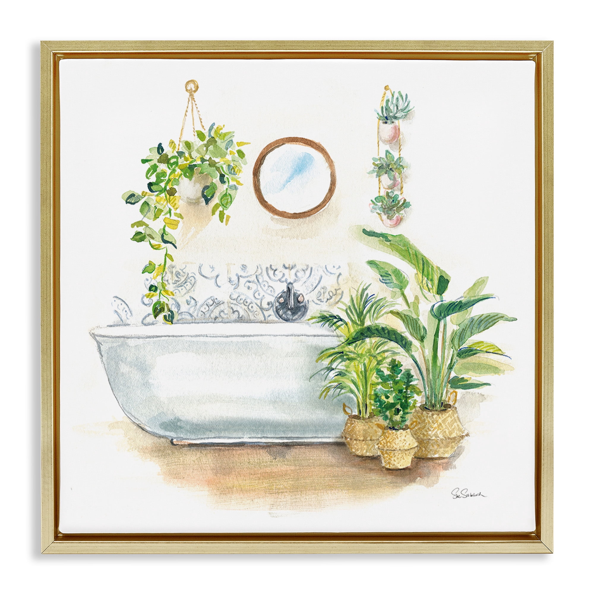Stupell Industries Serene Bathroom Interior with Greenery Botanical & Floral Painting Gold Floater Framed Canvas Art Print Wall Art, 18 x 18