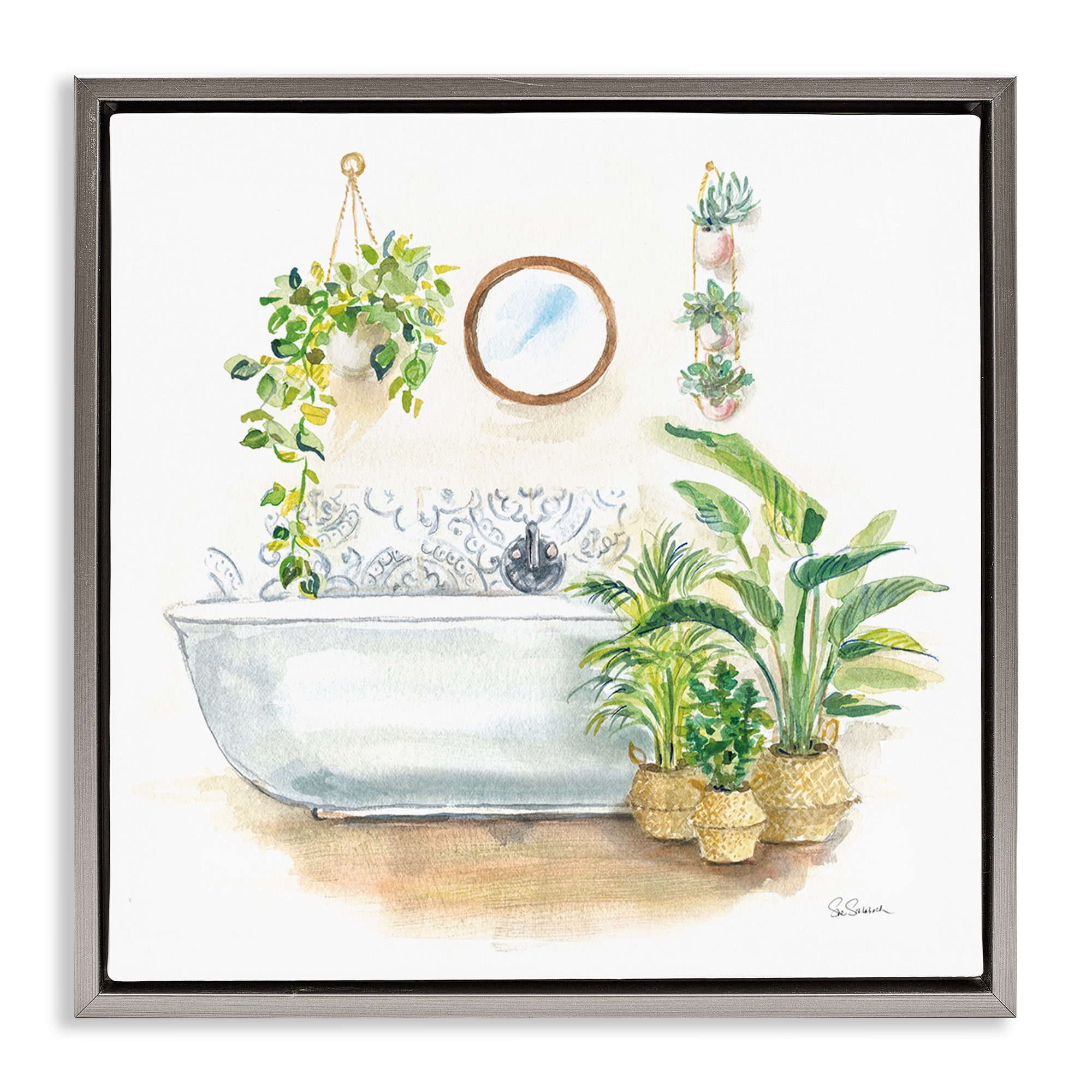 Stupell Industries Serene Bathroom Interior with Greenery Botanical & Floral Painting Gray Floater Framed Canvas Art Print Wall Art, 18 x 18