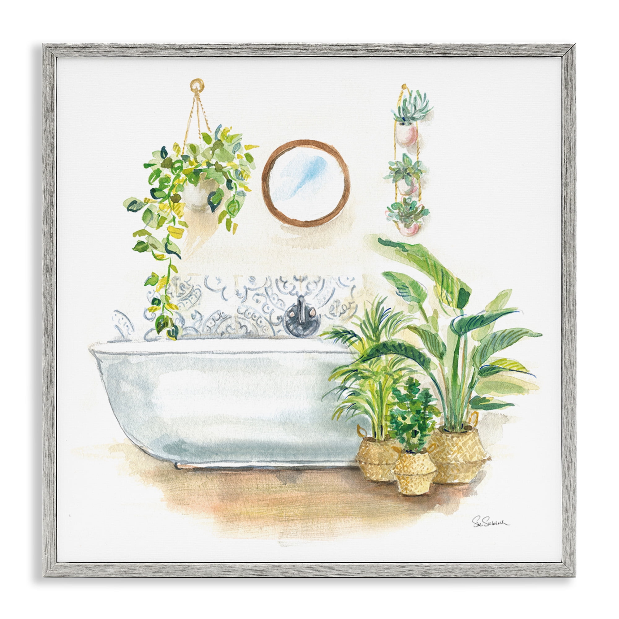 Stupell Industries Serene Bathroom Interior with Greenery Botanical & Floral Painting Gray Framed Art Print Wall Art, 12 x 12