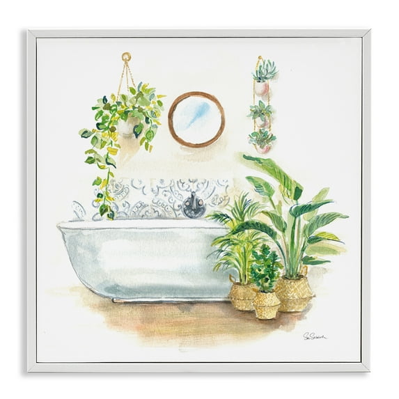 Stupell Industries Serene Bathroom Interior with Greenery Botanical & Floral Painting White Framed Art Print Wall Art, 17 x 17